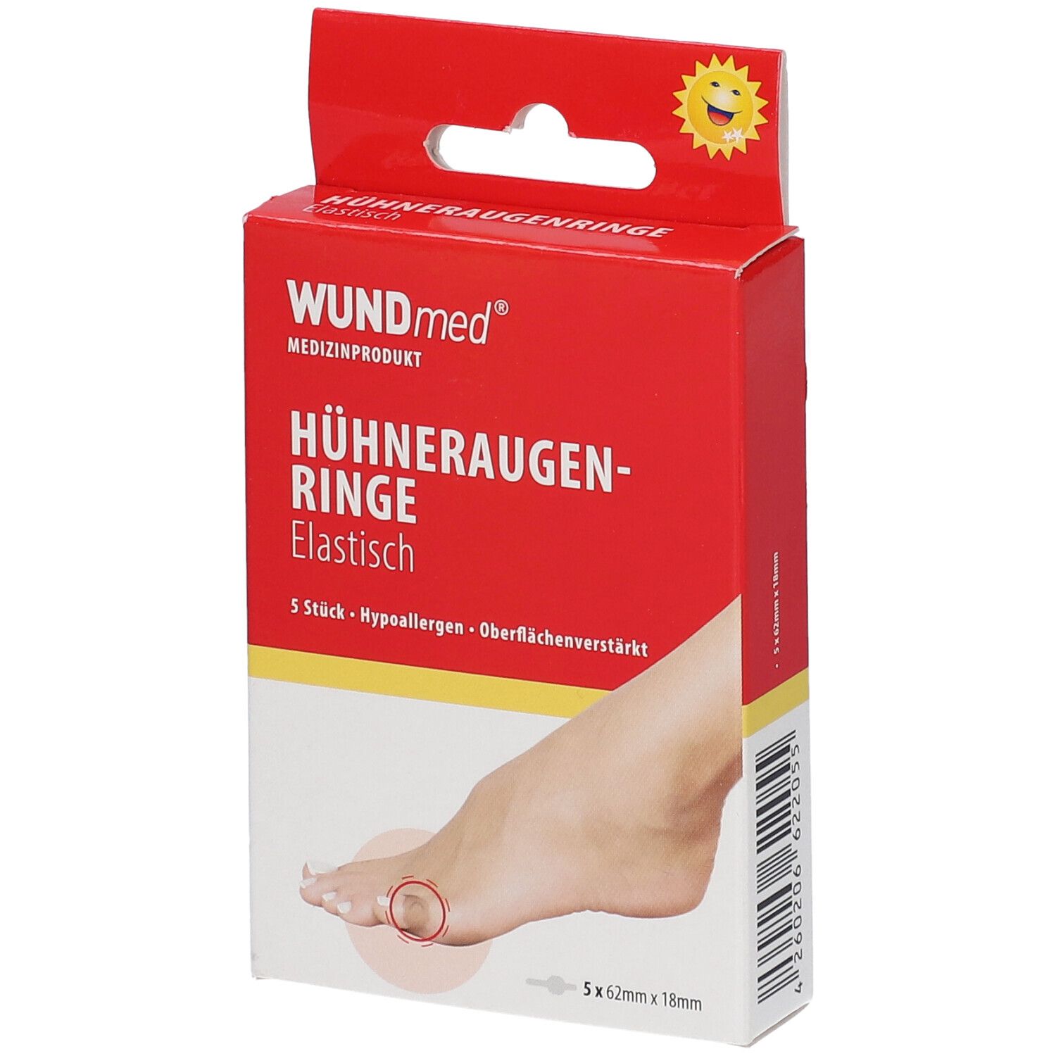 Verpakking van WUNDmed Hühneraugenringe. Rode doos met productnaam, voetillustratie en maatindicatie.