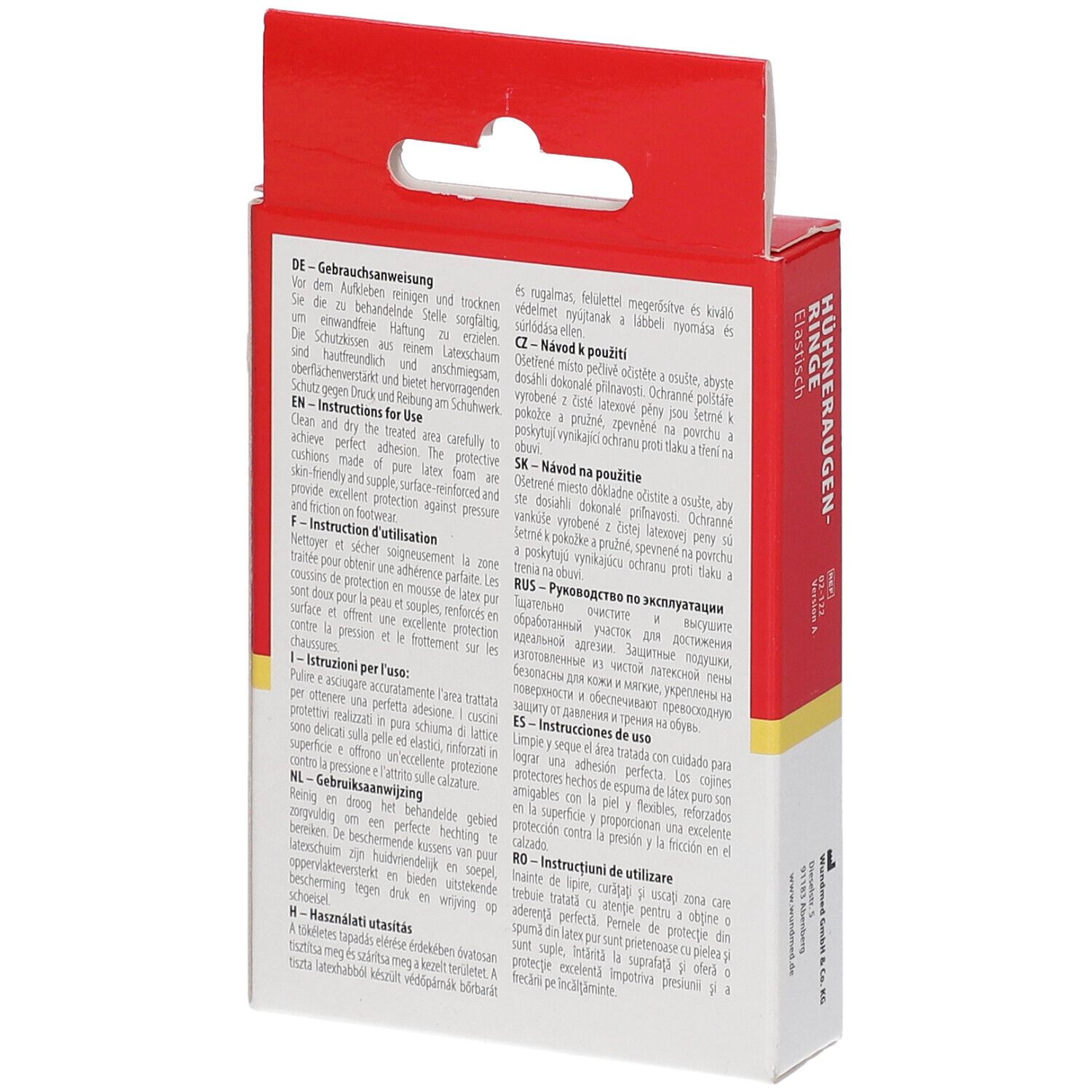 Achterkant van de WUNDmed Hühneraugenringe verpakking. Tekst in meerdere talen, fabrikantenadres en barcode.