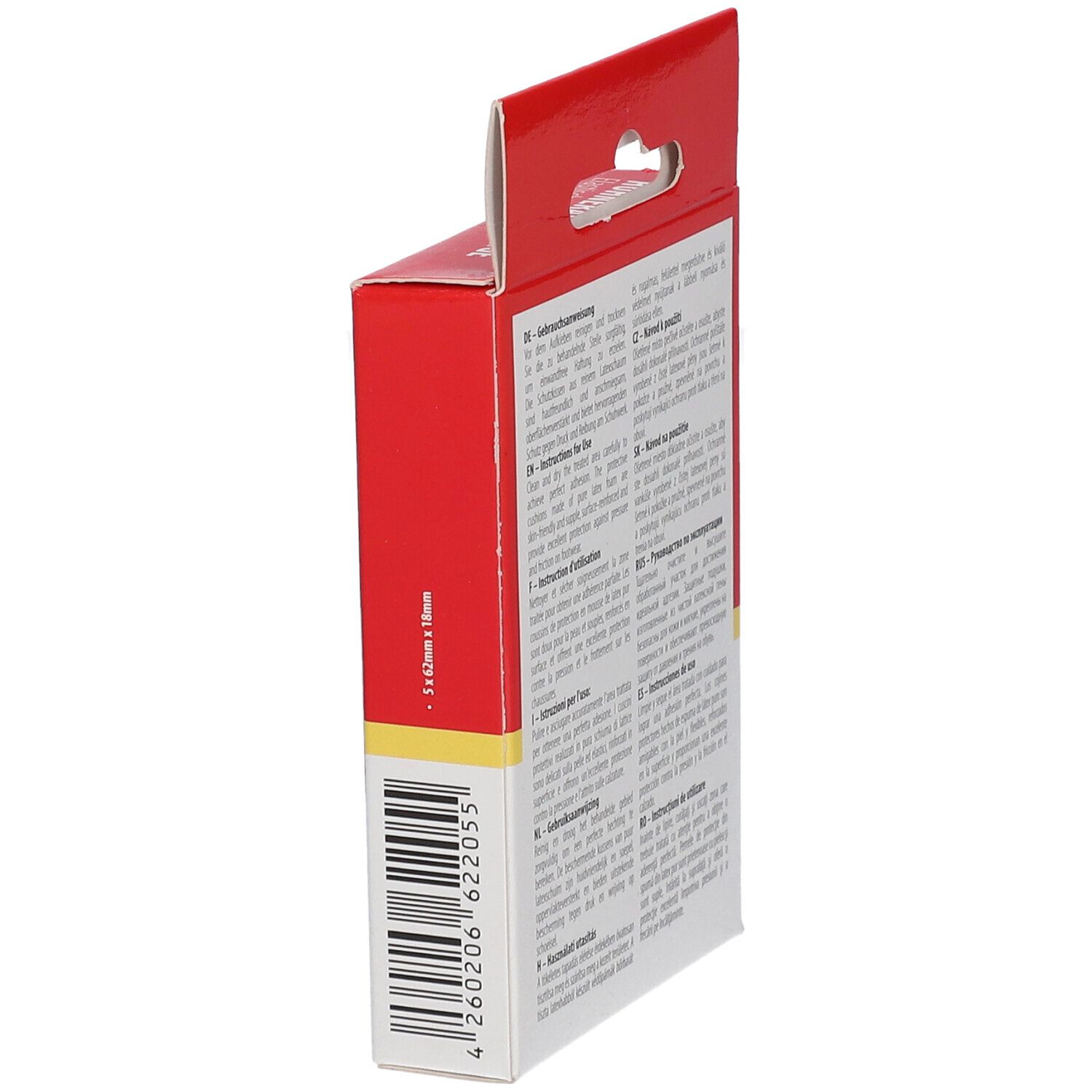 Zijaanzicht van de WUNDmed Hühneraugenringe verpakking. Barcode en maatindicatie.