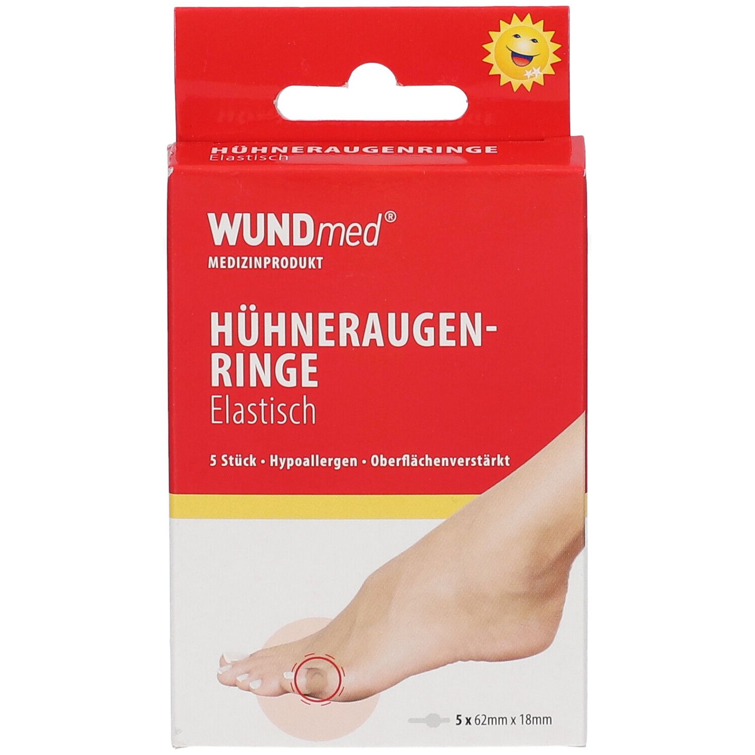 WUNDmed Hühneraugenringe verpakking. Rode doos met productnaam, voetillustratie en maatindicatie.