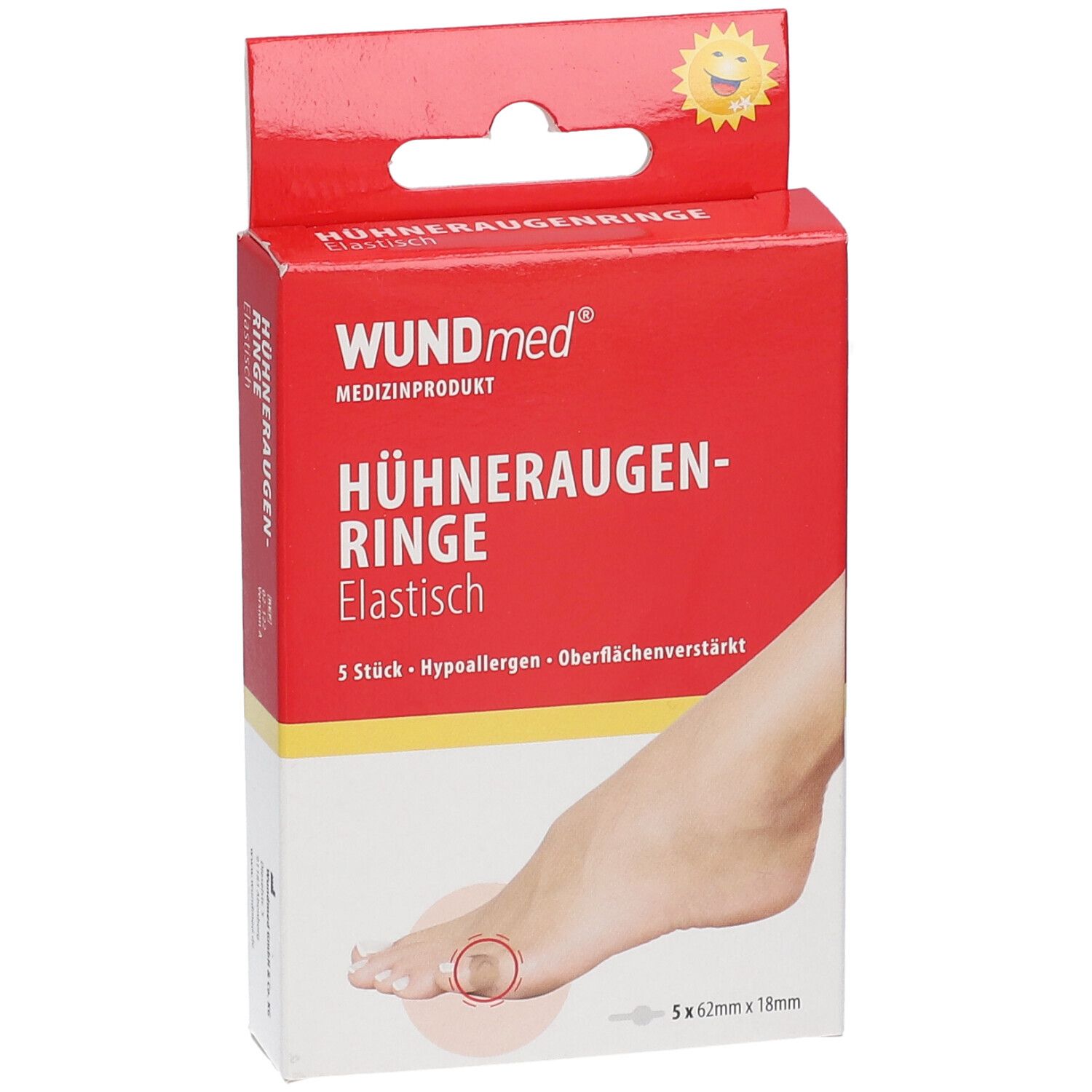 WUNDmed Hühneraugenringe verpakking. Rode doos met productnaam, voetillustratie en maatindicatie.