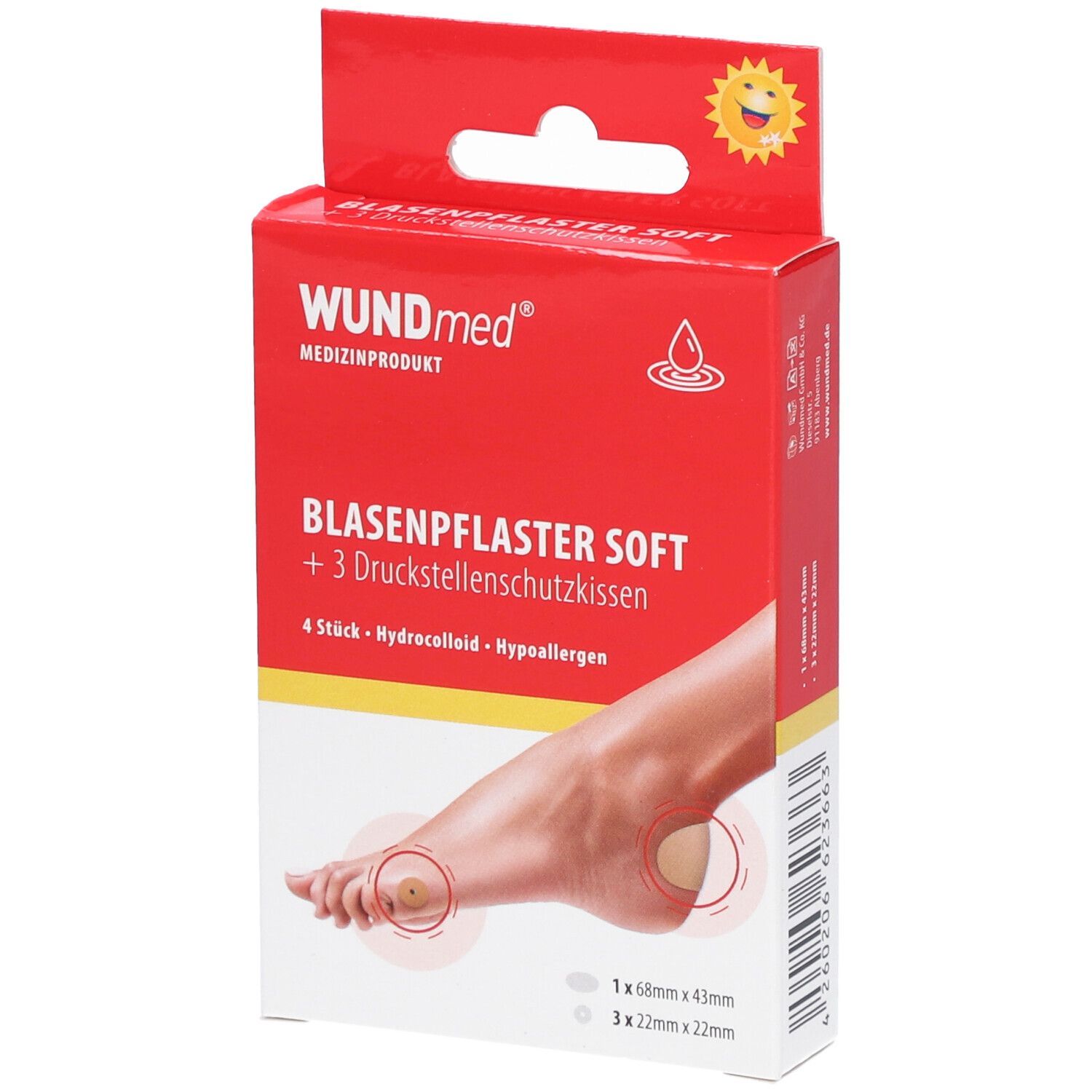 Rode verpakking met productafbeelding. Opschrift: WUNDmed BLASENPFLASTER SOFT + 3 drukpleisterkussens. Voet met pleisters.