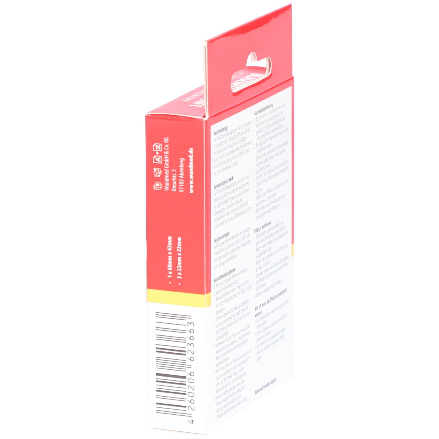 Rode verpakking, zijaanzicht. Barcode en productinformatie. Tekst in het Duits.