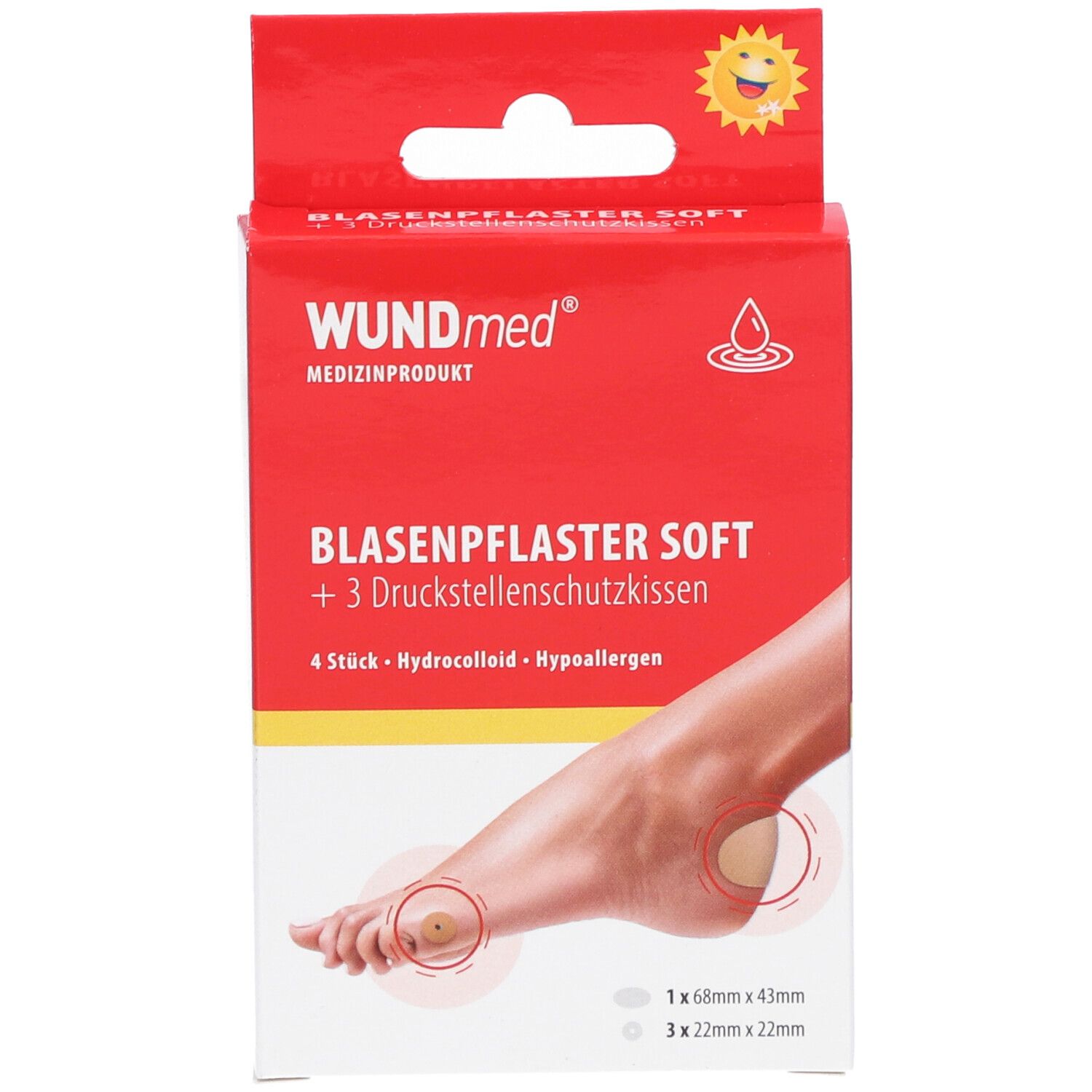 Rode verpakking met productafbeelding. Opschrift: WUNDmed BLASENPFLASTER SOFT + 3 drukpleisterkussens. Voet met pleisters.
