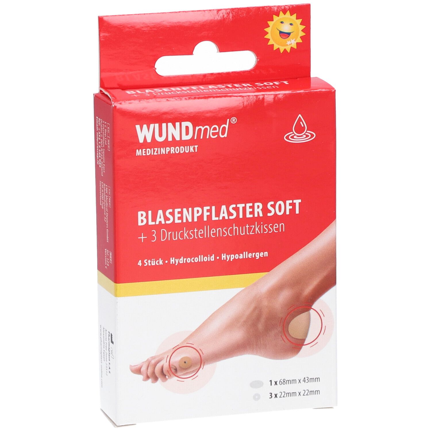 Rode verpakking met productafbeelding. Opschrift: WUNDmed BLASENPFLASTER SOFT + 3 drukpleisterkussens. Voet met pleisters.