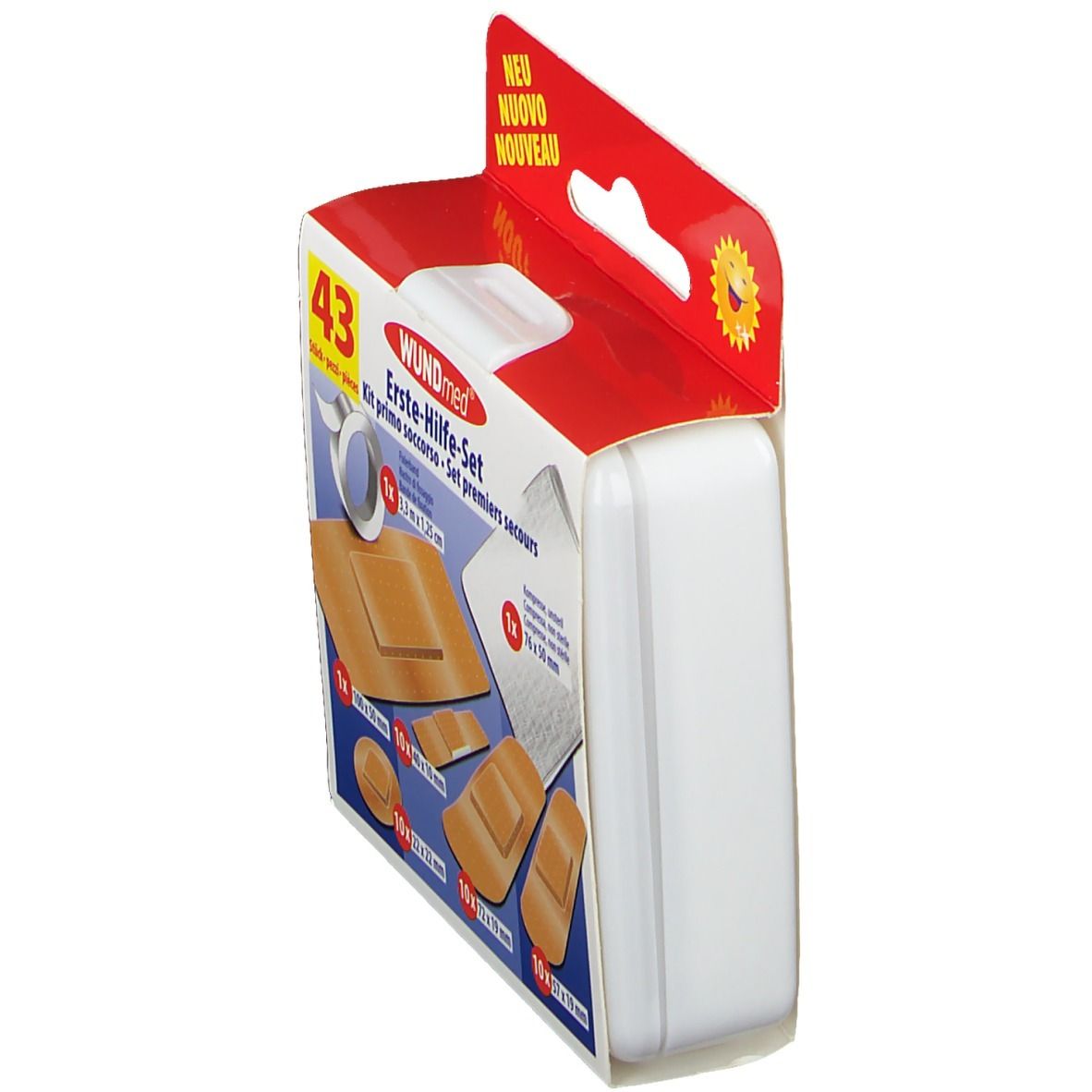 Zijaanzicht van de WUNDmed EHBO-set. Witte verpakking met rode bovenkant. Naam en inhoud zichtbaar.