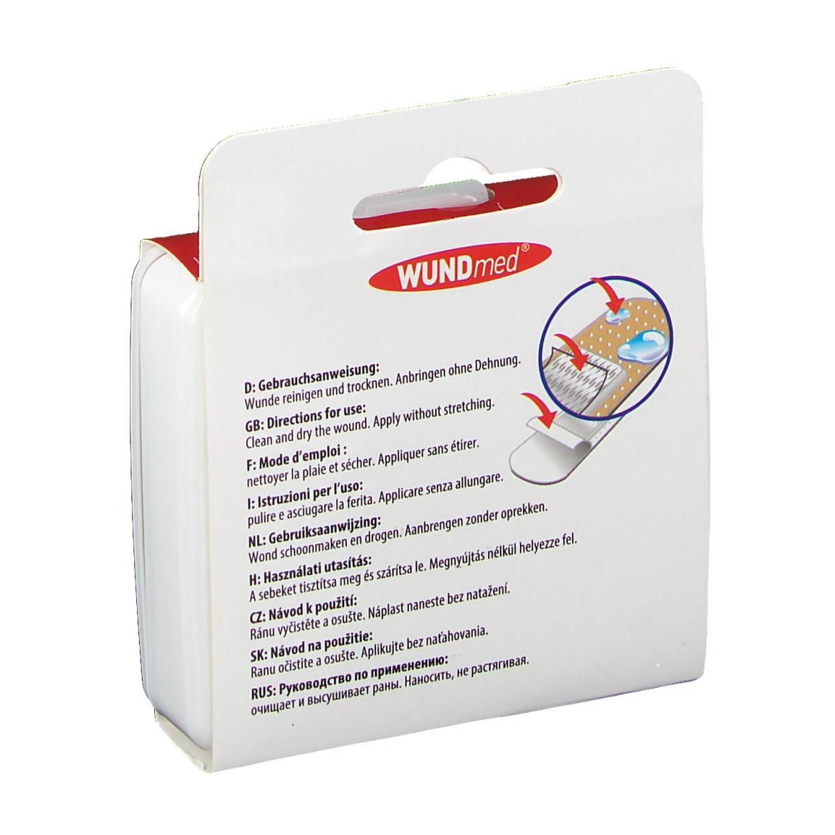 Achterkant van de WUNDmed EHBO-set verpakking. Gebruiksaanwijzing in meerdere talen. Illustraties van gebruik.