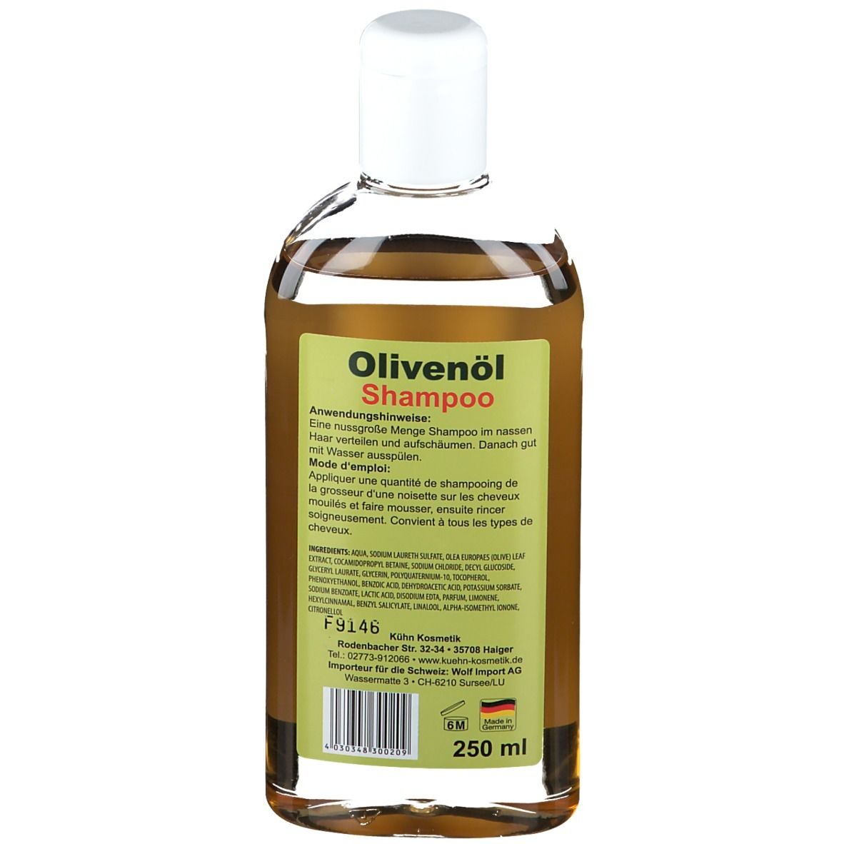 Dos du flacon de shampooing. Étiquette marron avec nom du produit, instructions d'utilisation et ingrédients. 250 ml.
