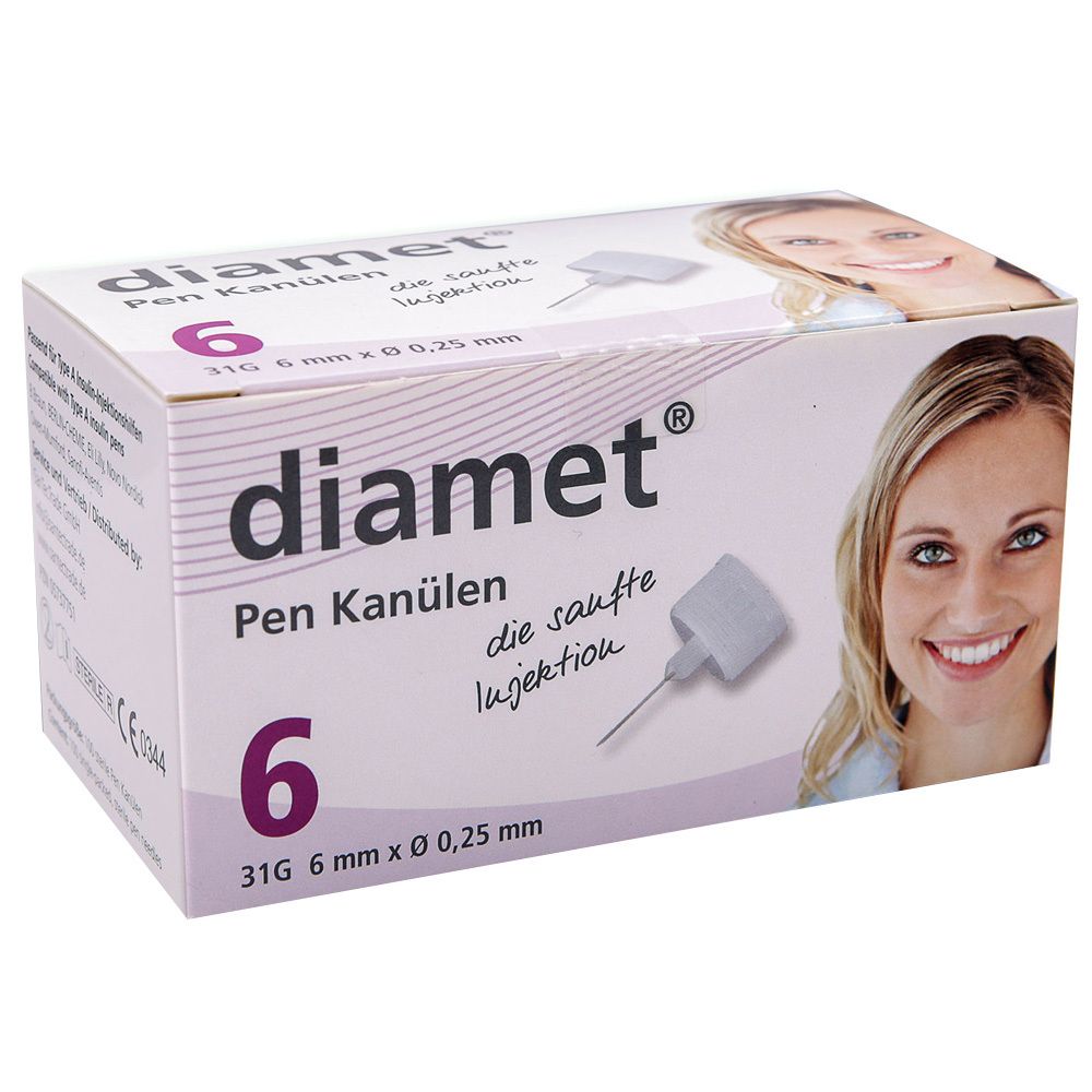 Verpakking met 6 pen-canules. Opschrift: diamet, 6 x 31G 0,25 x 6 mm. Roze-witte verpakking met vrouwengezicht.