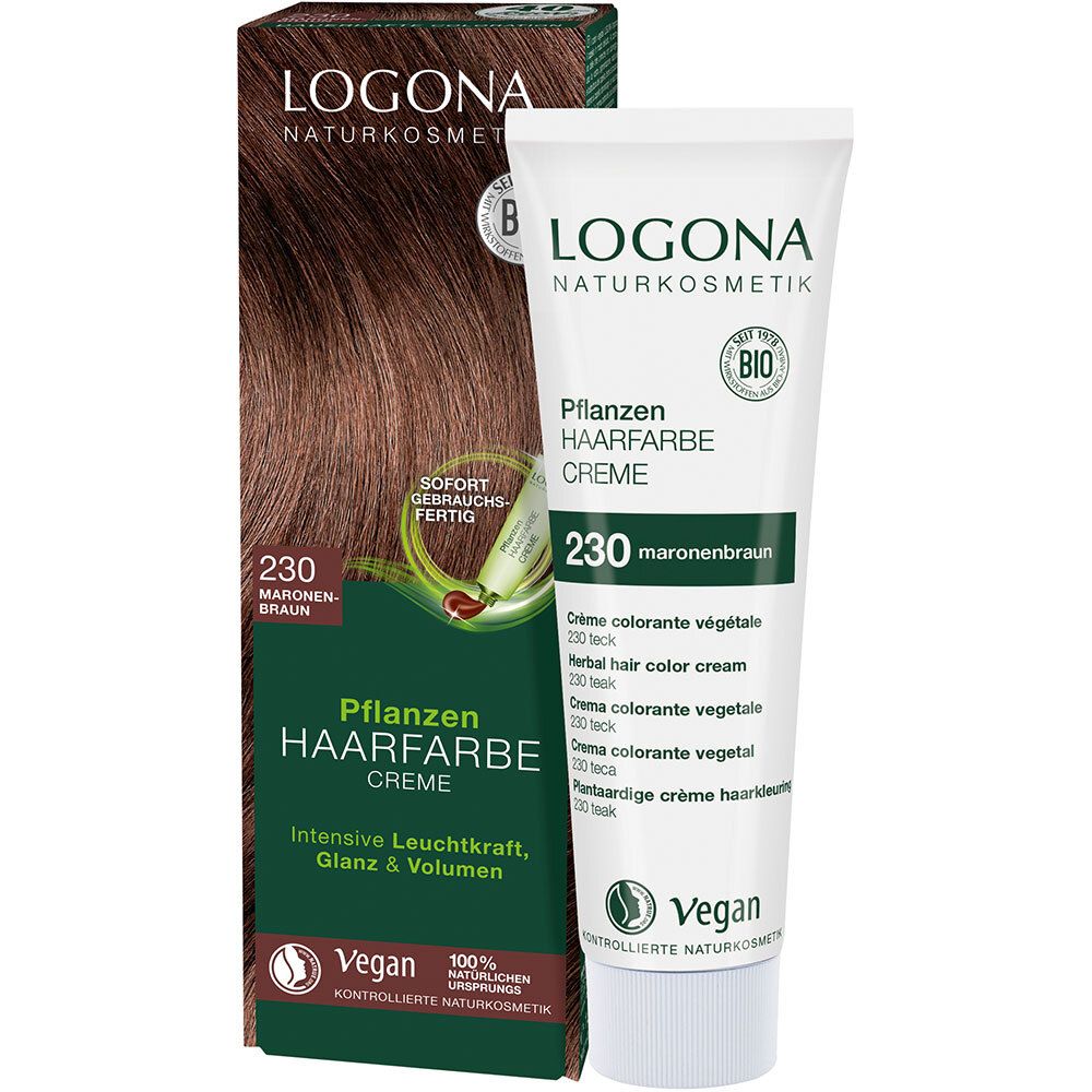 Crème colorante et emballage. Marque LOGONA, teinte 230 Marron marron. Label Vegan et certification Bio.
