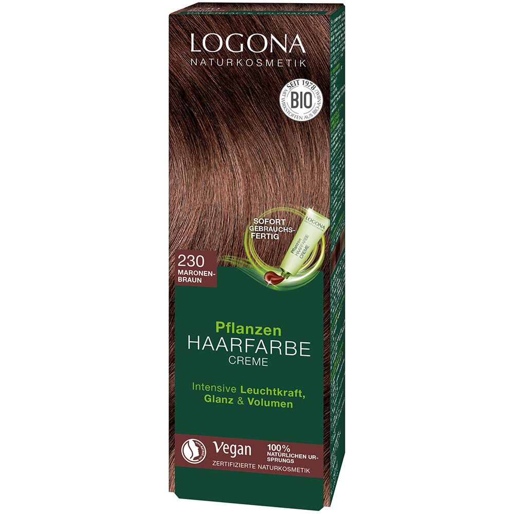 Emballage de crème colorante, marque LOGONA, teinte 230 Marron marron. Label Vegan et certification Bio.