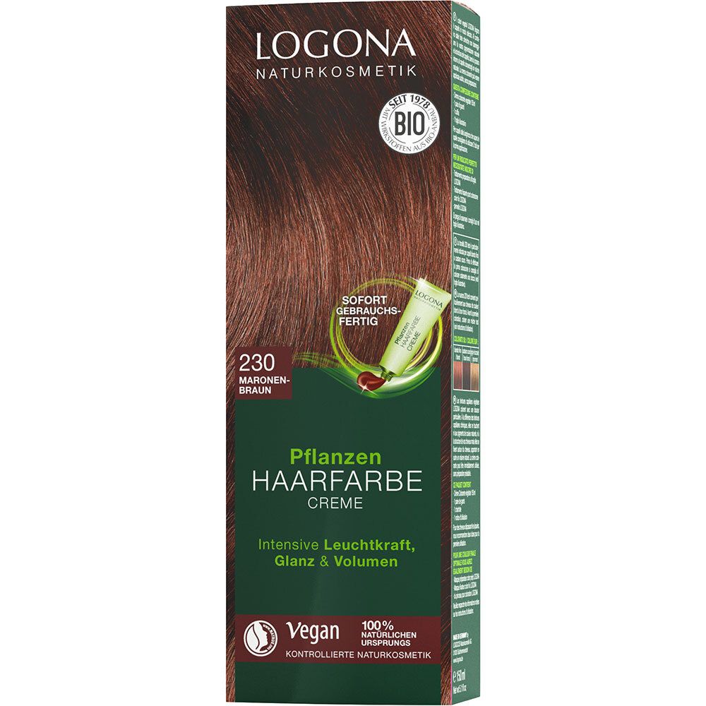 Emballage de crème colorante, marque LOGONA, teinte 230 Marron marron. Label Vegan et certification Bio.