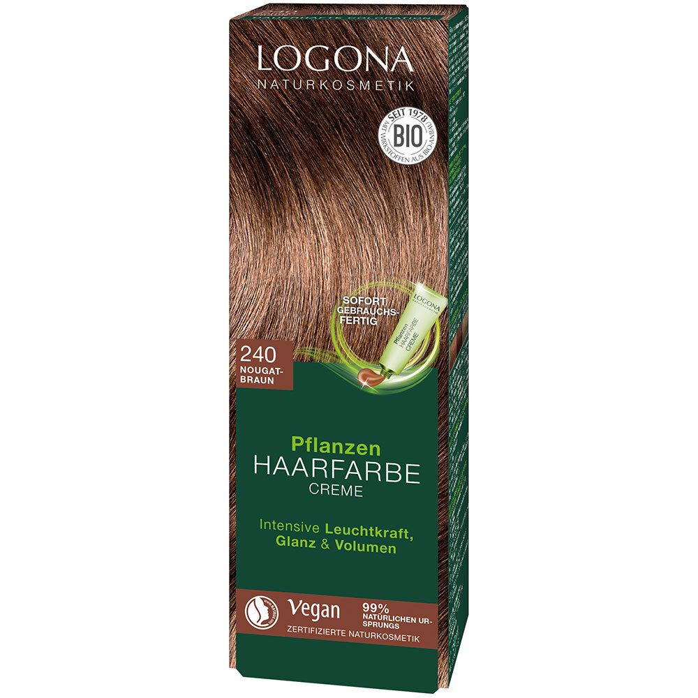 LOGONA Crème colorante végétale 240 Nougatbraun. Boîte. Vegan. Label bio. Crème colorante.