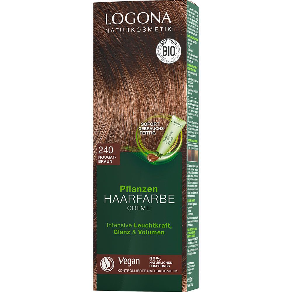 LOGONA Crème colorante végétale 240 Nougatbraun. Boîte. Vegan. Label bio. Crème colorante.