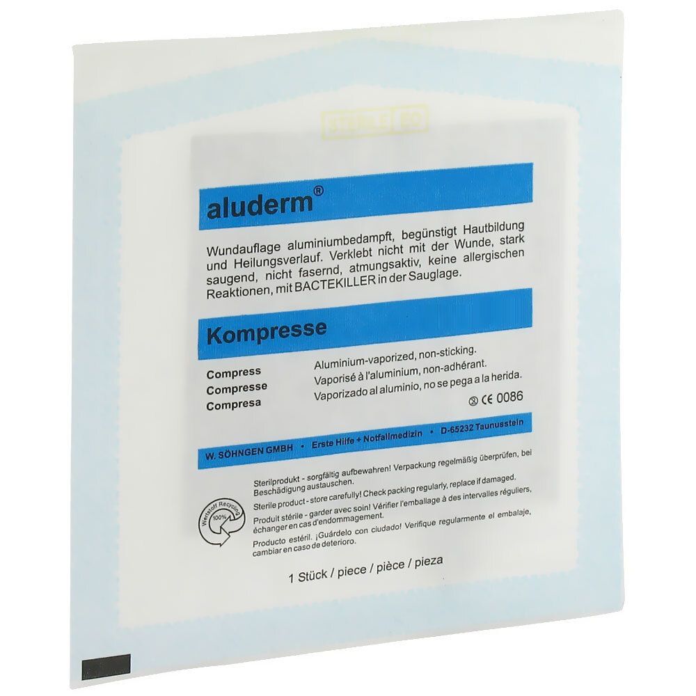 Emballage de compresse aluderm®. Emballage bleu et blanc avec informations et logo du produit.