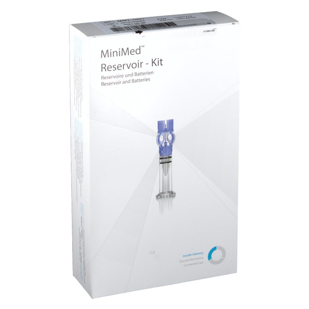 Emballage du kit de réservoir MiniMed. Boîte blanche avec nom du produit et image du réservoir.