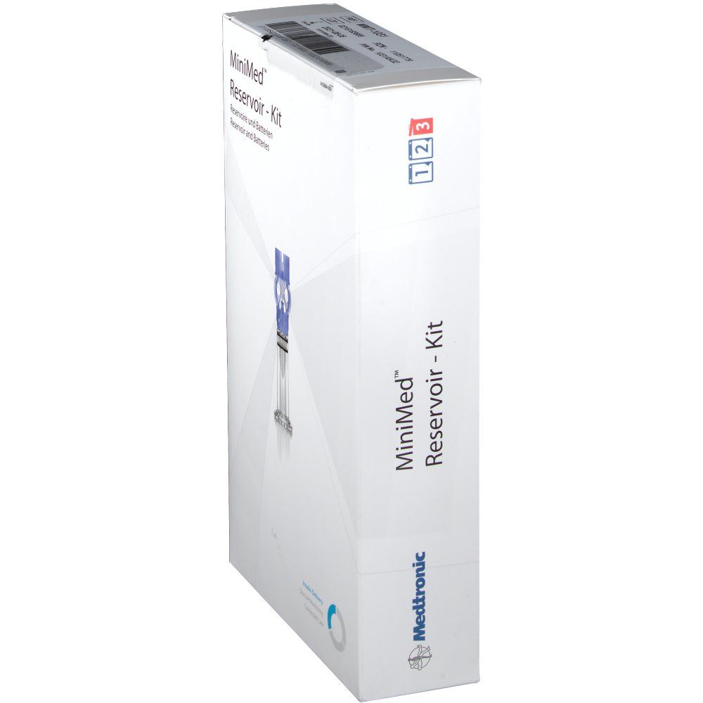 Emballage du kit de réservoir MiniMed. Boîte blanche avec nom du produit, image du réservoir et numérotation.