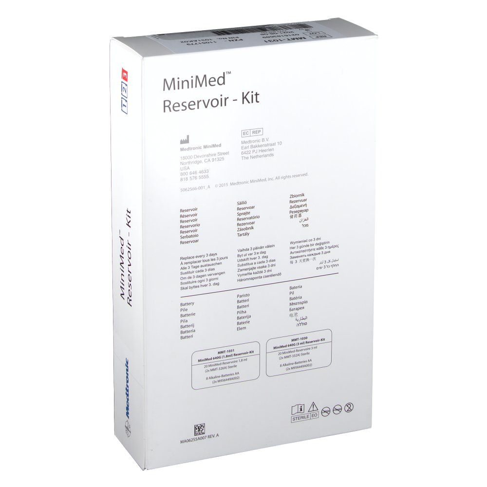 Dos de l'emballage du kit de réservoir MiniMed. Boîte blanche avec informations sur le produit et texte multilingue.