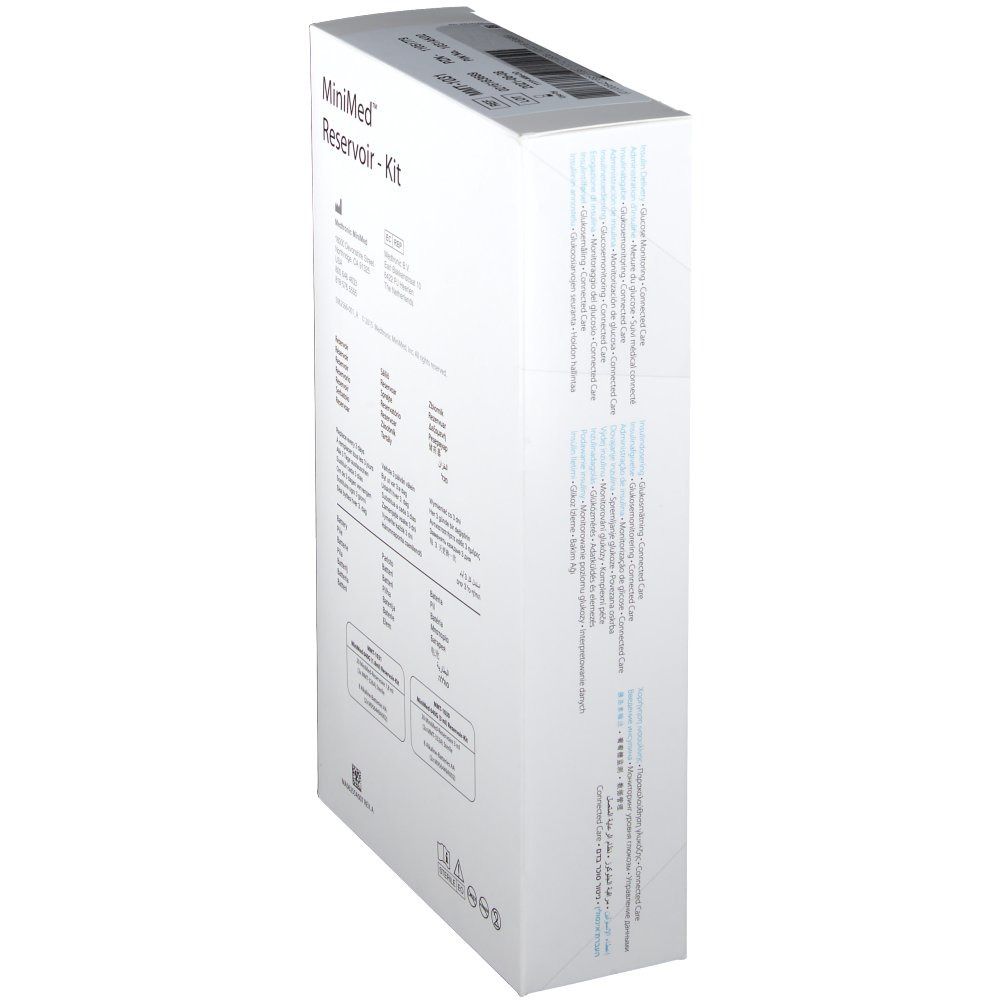 Emballage du kit de réservoir MiniMed. Boîte blanche avec informations sur le produit et texte multilingue.