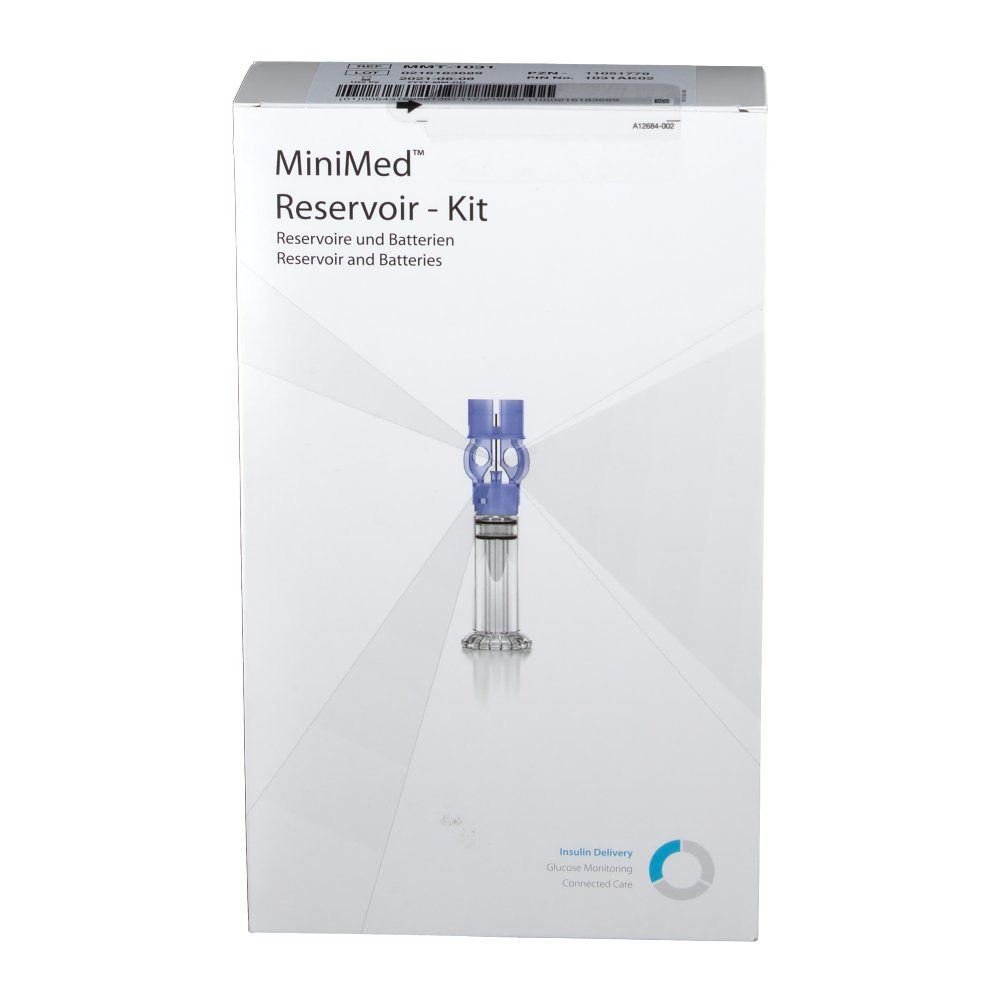 Emballage du kit de réservoir MiniMed. Boîte blanche avec nom du produit et image du réservoir.