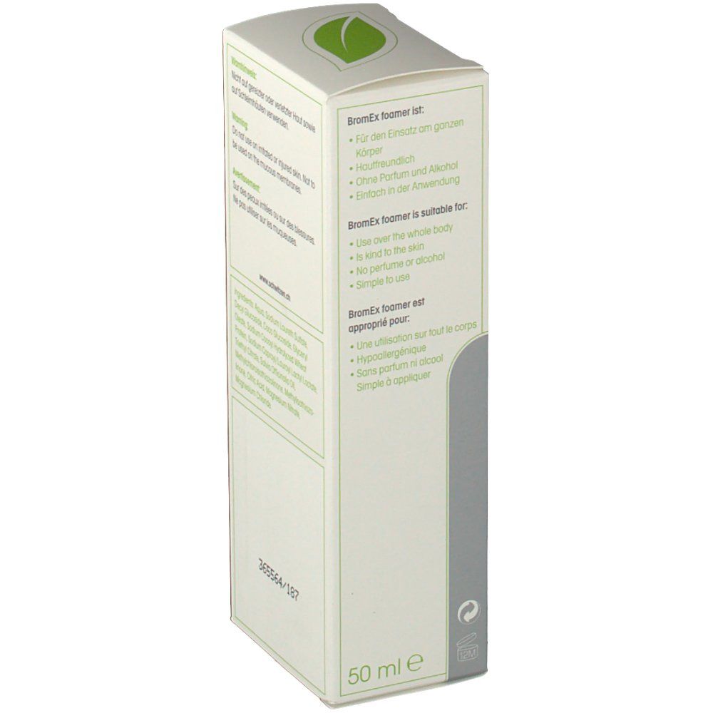 Verpakking met tekst. Logo 'bromex foamer' en bladsymbool. Tekst in het Duits, Engels en Frans. 50 ml.