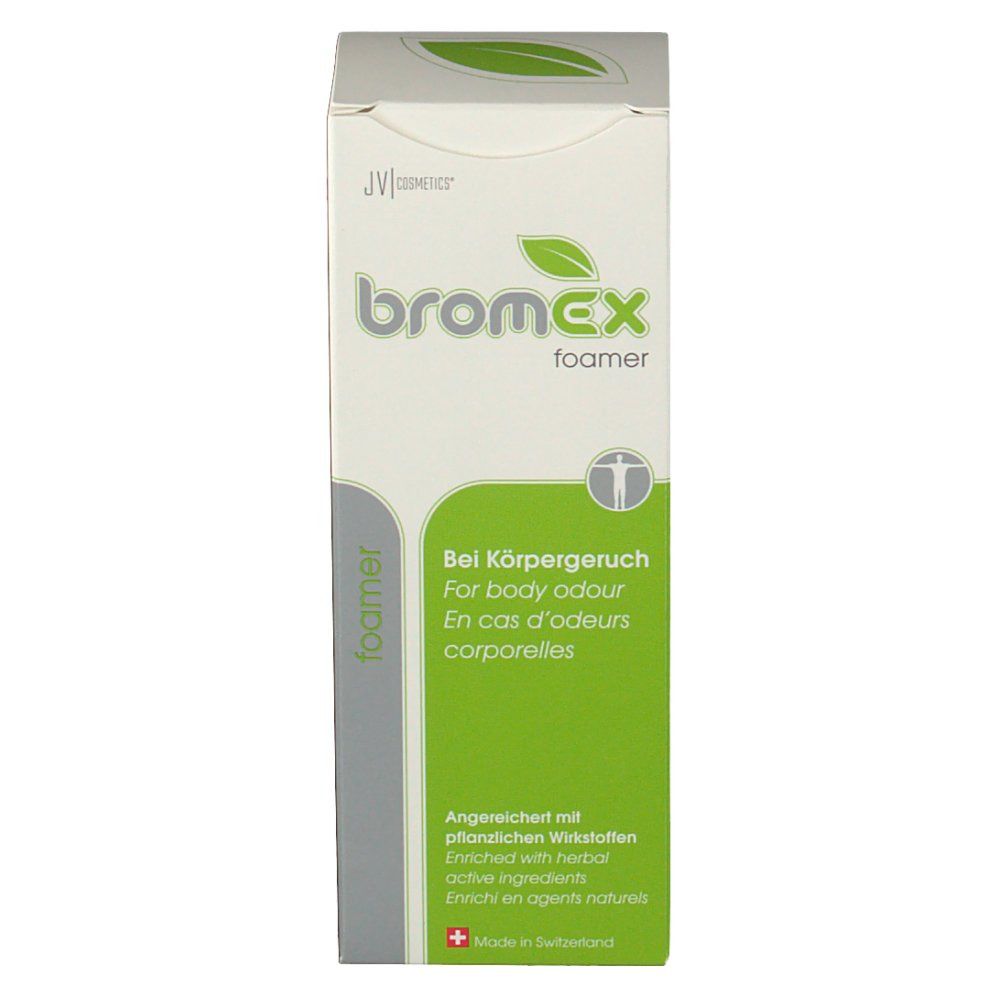 Verpakking met logo 'bromex foamer' en bladsymbool. Tekst in het Duits, Engels en Frans. Groen en wit.