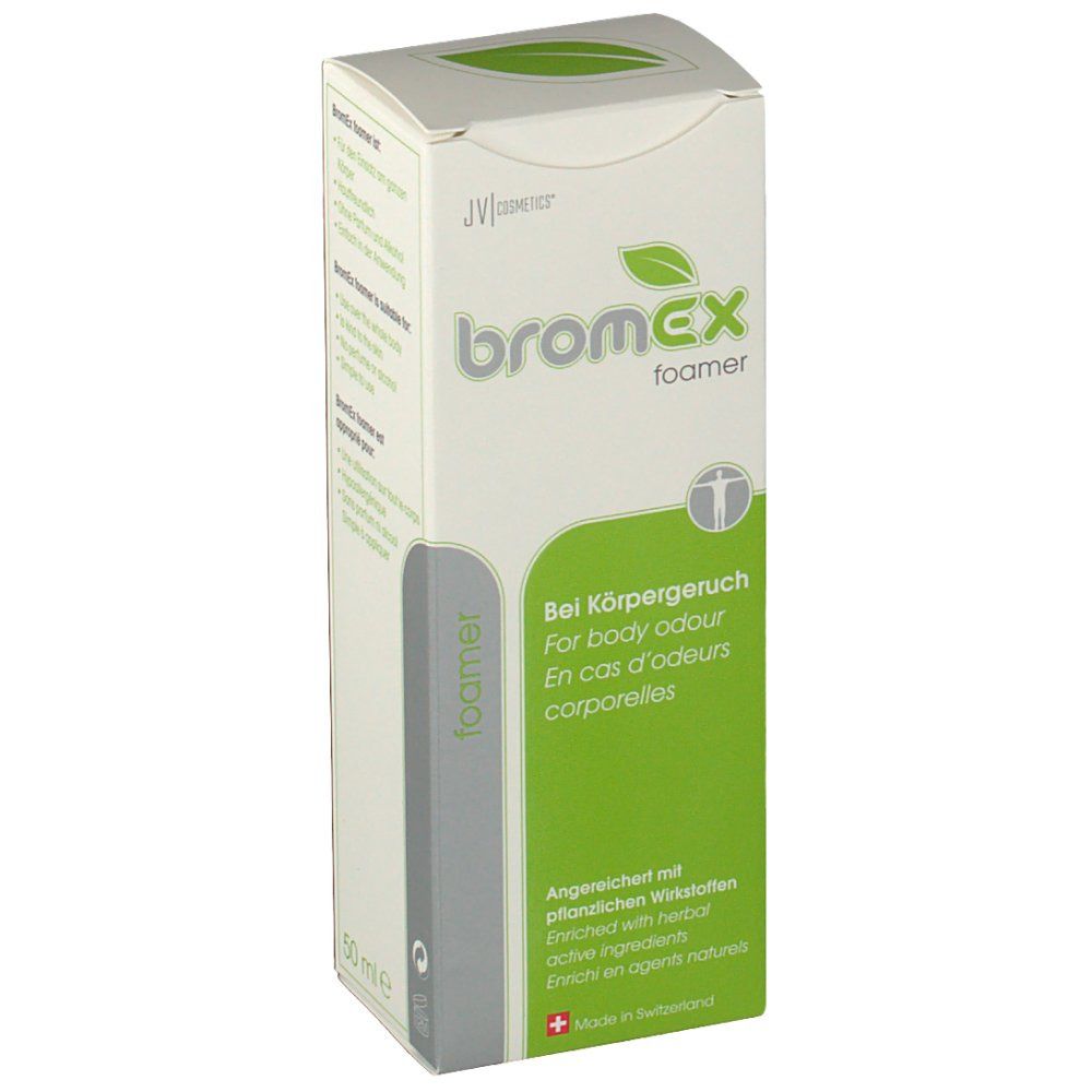 Verpakking met logo 'bromex foamer' en bladsymbool. Tekst in het Duits, Engels en Frans. 50 ml.