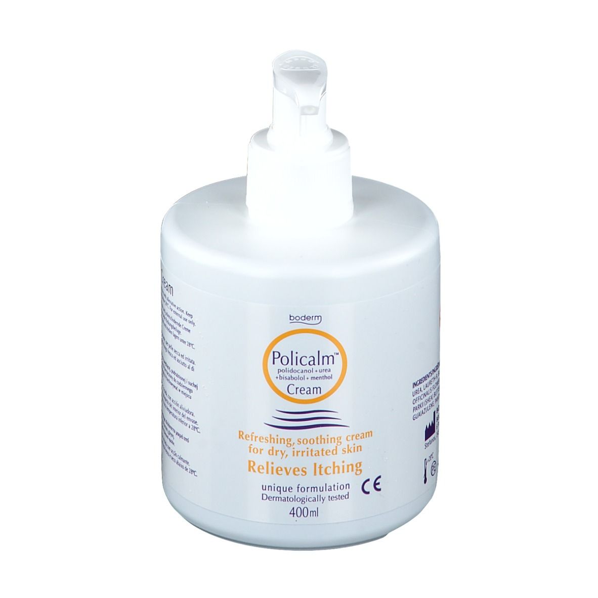 Witte fles met pomp. Opschrift: Policalm Crème. Verlicht jeuk. 400ml.