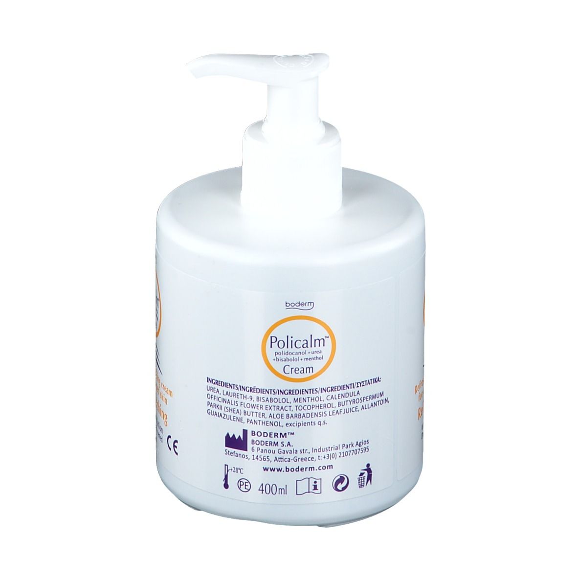 Witte fles met pomp. Opschrift: Policalm Crème. Ingrediënten en 400ml.