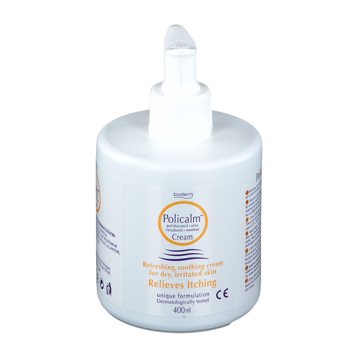 Witte fles met pomp. Opschrift: Policalm Crème. Verlicht jeuk. 400ml.