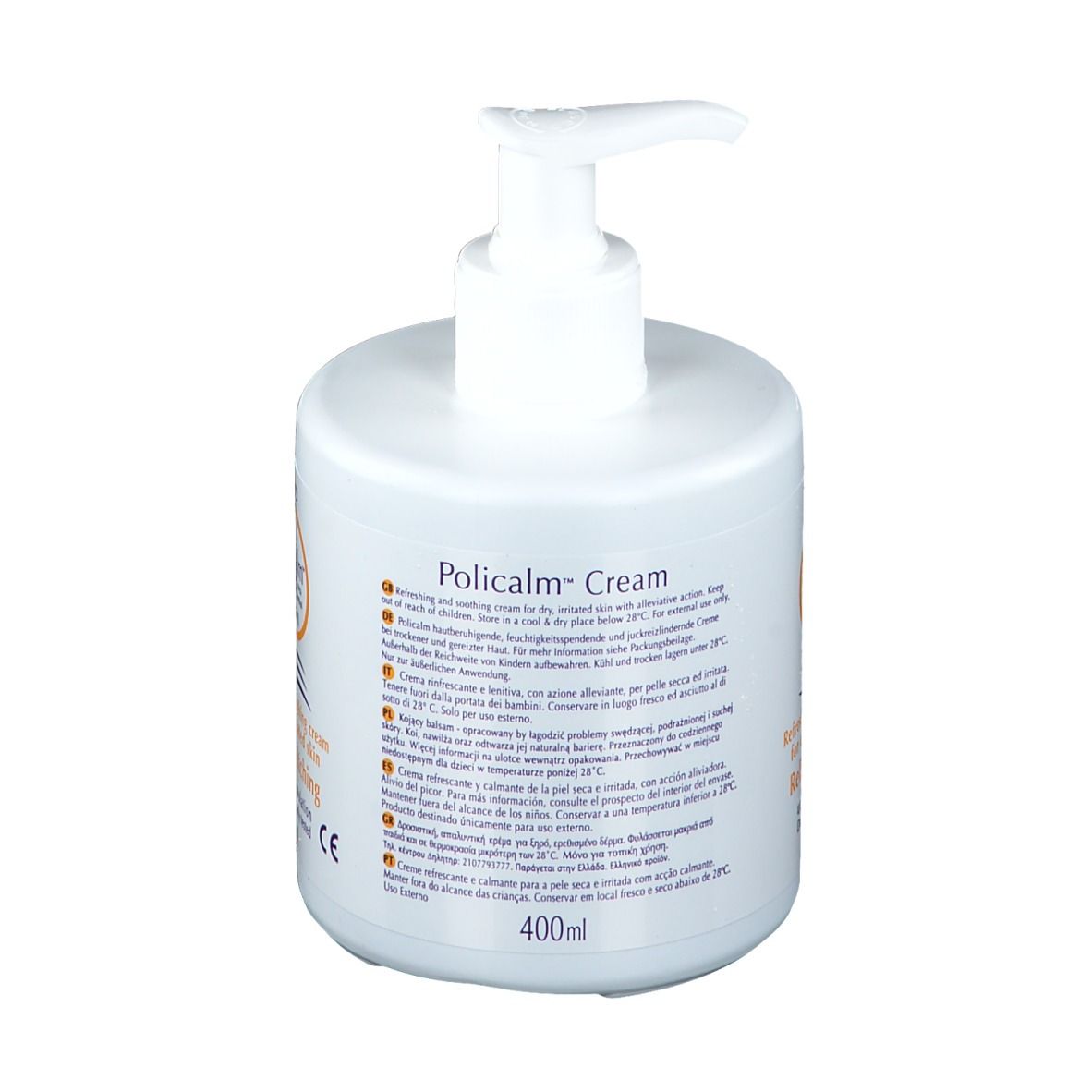 Witte fles met pomp. Opschrift: Policalm Crème. Tekst in het Duits en Italiaans. 400ml.