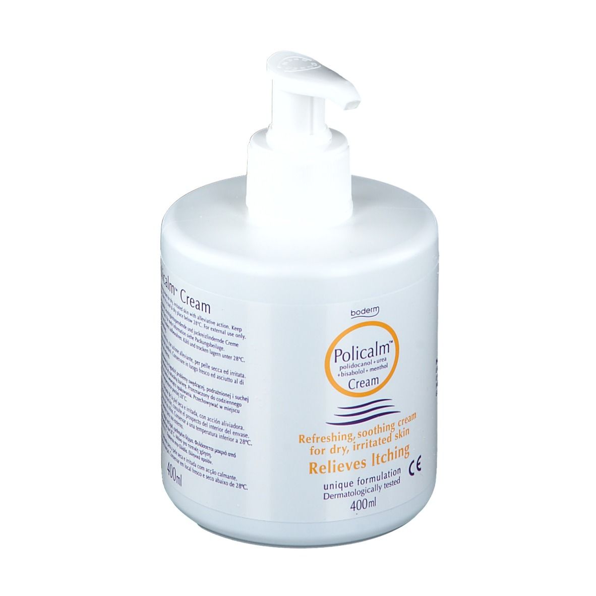 Witte fles met pomp. Opschrift: Policalm Crème. Verlicht jeuk. 400ml.