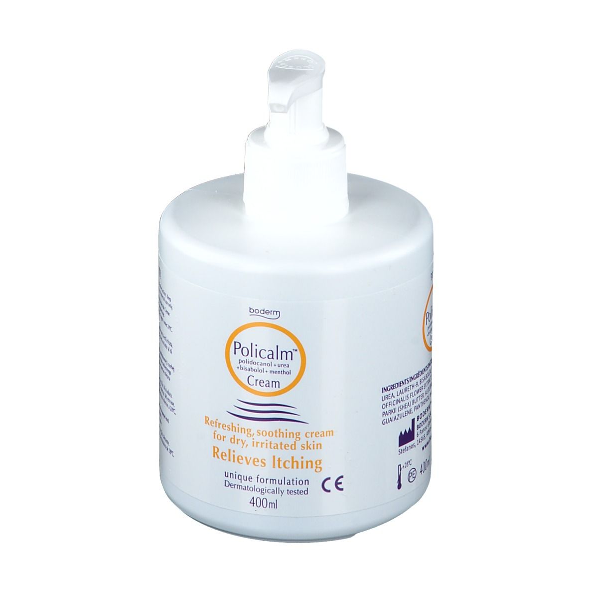 Witte fles met pomp. Opschrift: Policalm Crème. Verlicht jeuk. 400ml.
