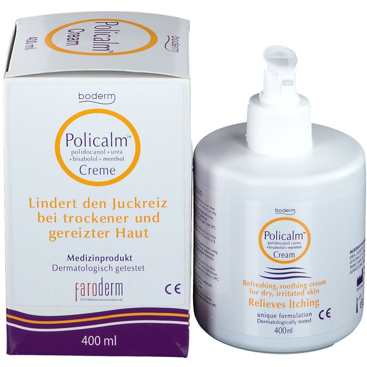 Productverpakking met fles en doos. Opschrift: Policalm Crème. Verlicht jeuk. 400ml.