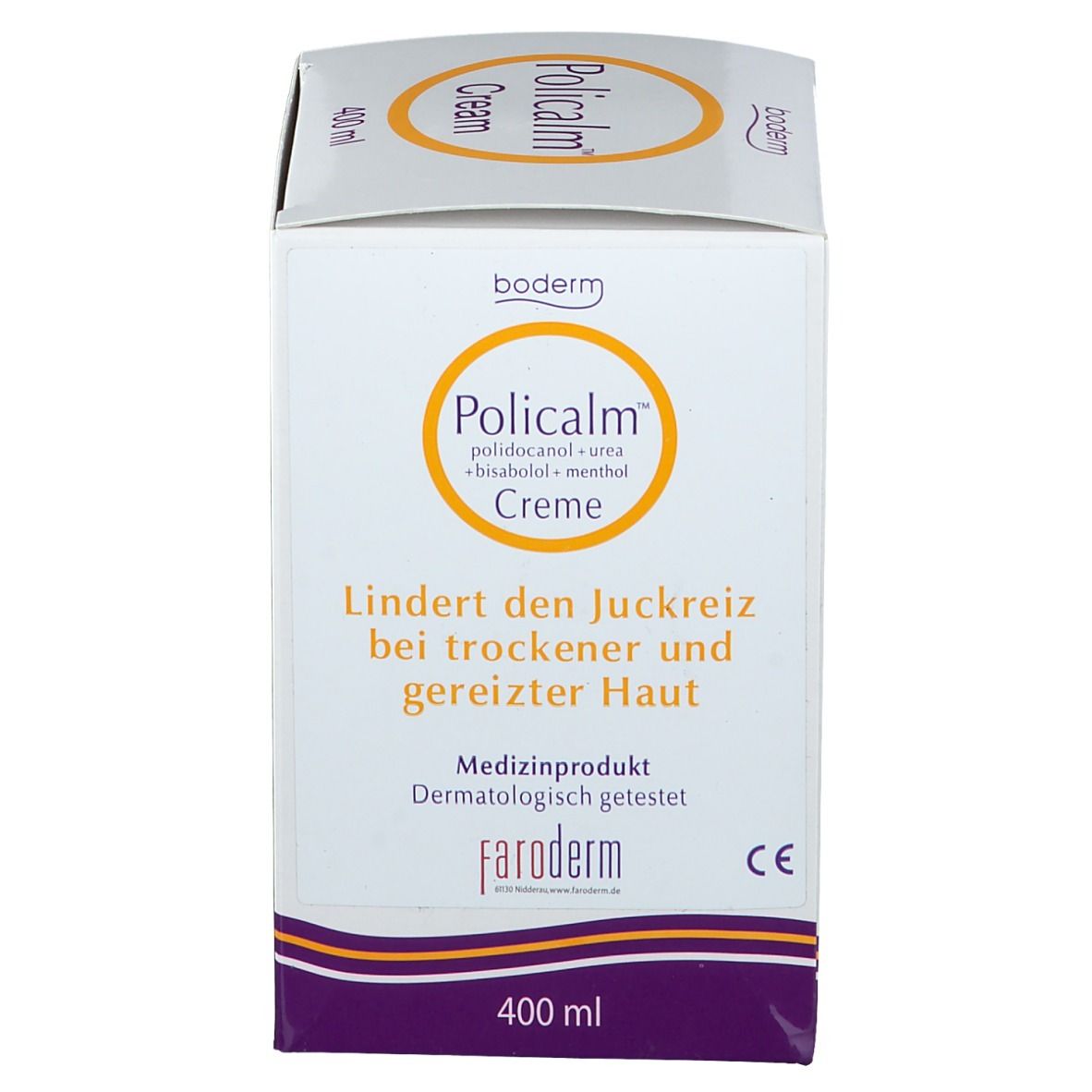 Productverpakking. Opschrift: Policalm Crème. Verlicht jeuk. 400ml.