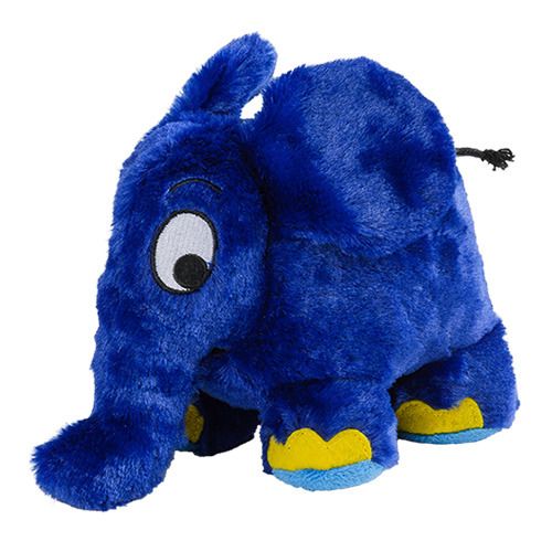 Blauwe pluche olifant. Gele voeten. Zwarte staart. Grote ogen. Zacht materiaal.