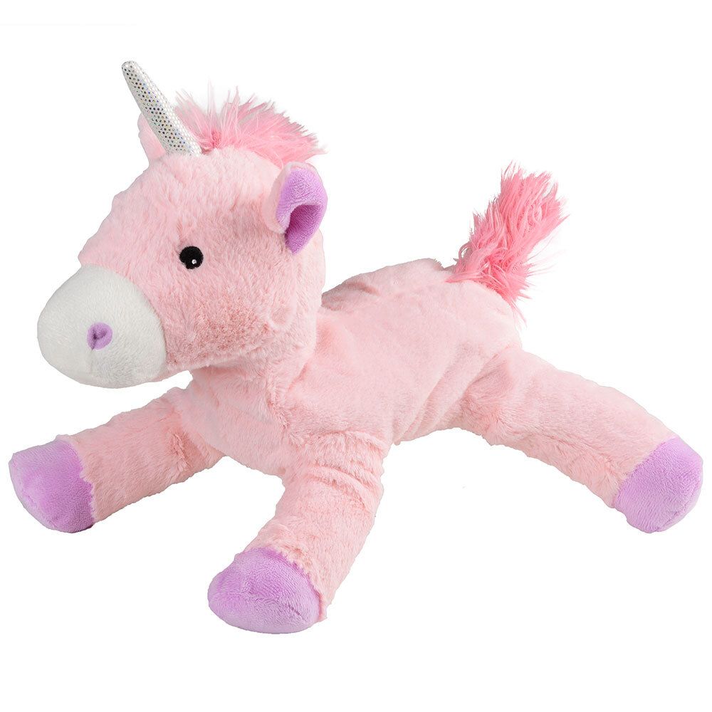 Peluche licorne rose, sabots et oreilles violets. Corne argentée. Position couchée.