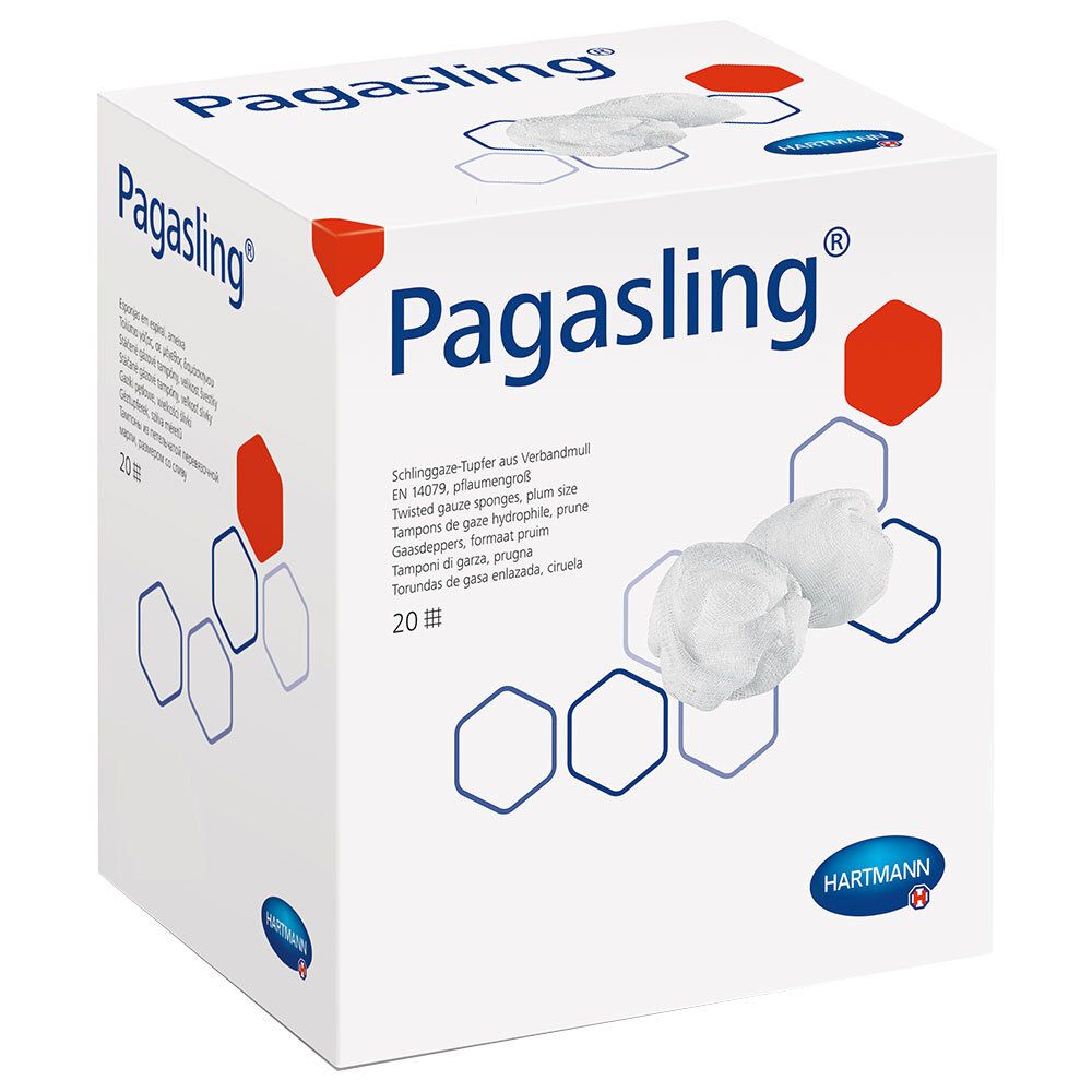 Hartmann Pagasling steriele verbandtampons in doos. 20 stuks. Opschrift: Pagasling, EN 14079.