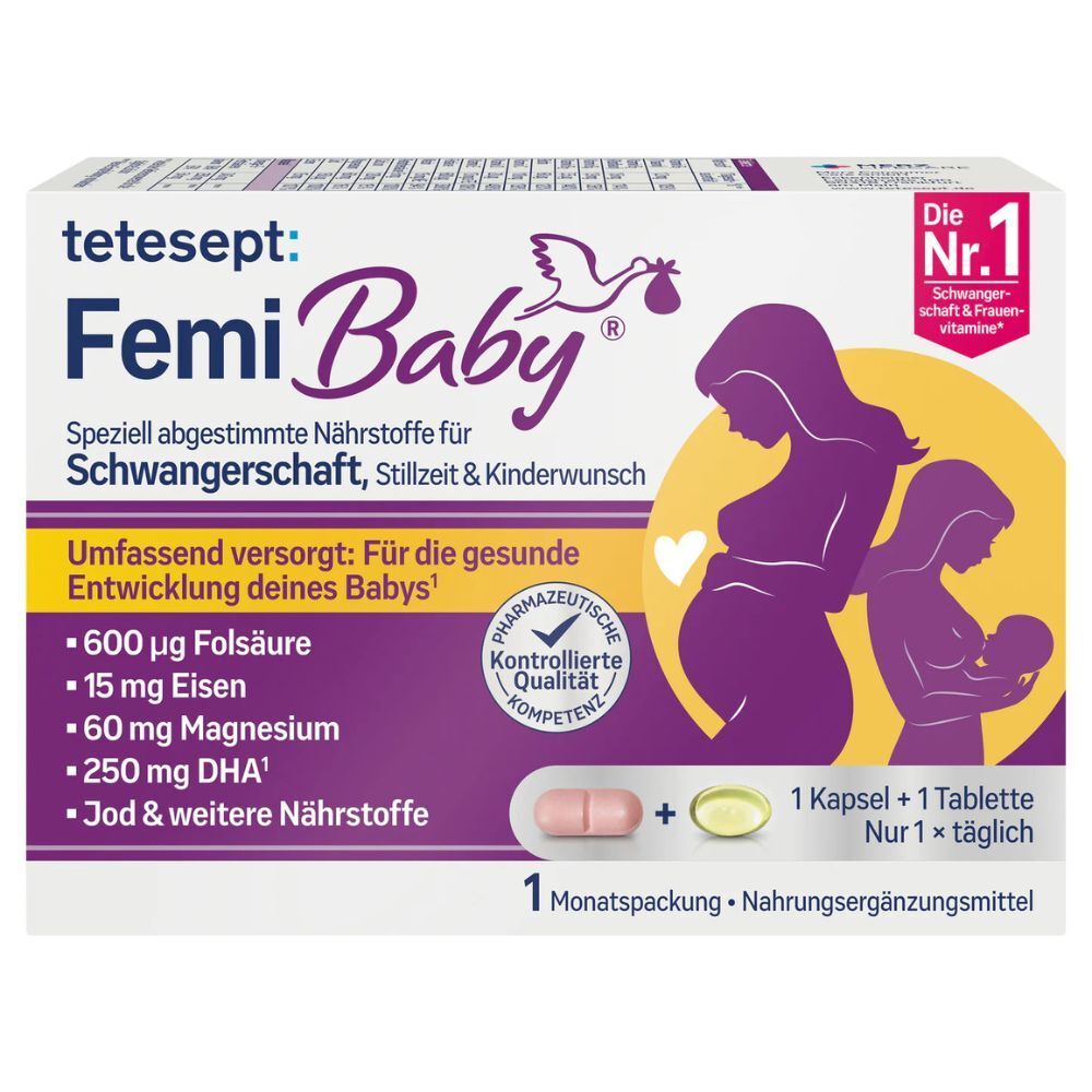 tetesept Femi Baby: Voedingssupplement voor zwangerschap, borstvoeding & kinderwens. Bevat foliumzuur, ijzer, magnesium, DHA, jodium.