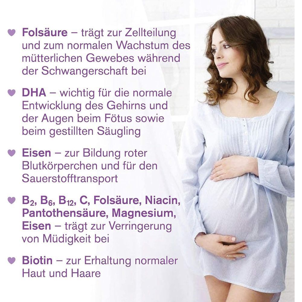 Zwangere vrouw houdt haar buik vast. Links staan vitamines en mineralen opgesomd.