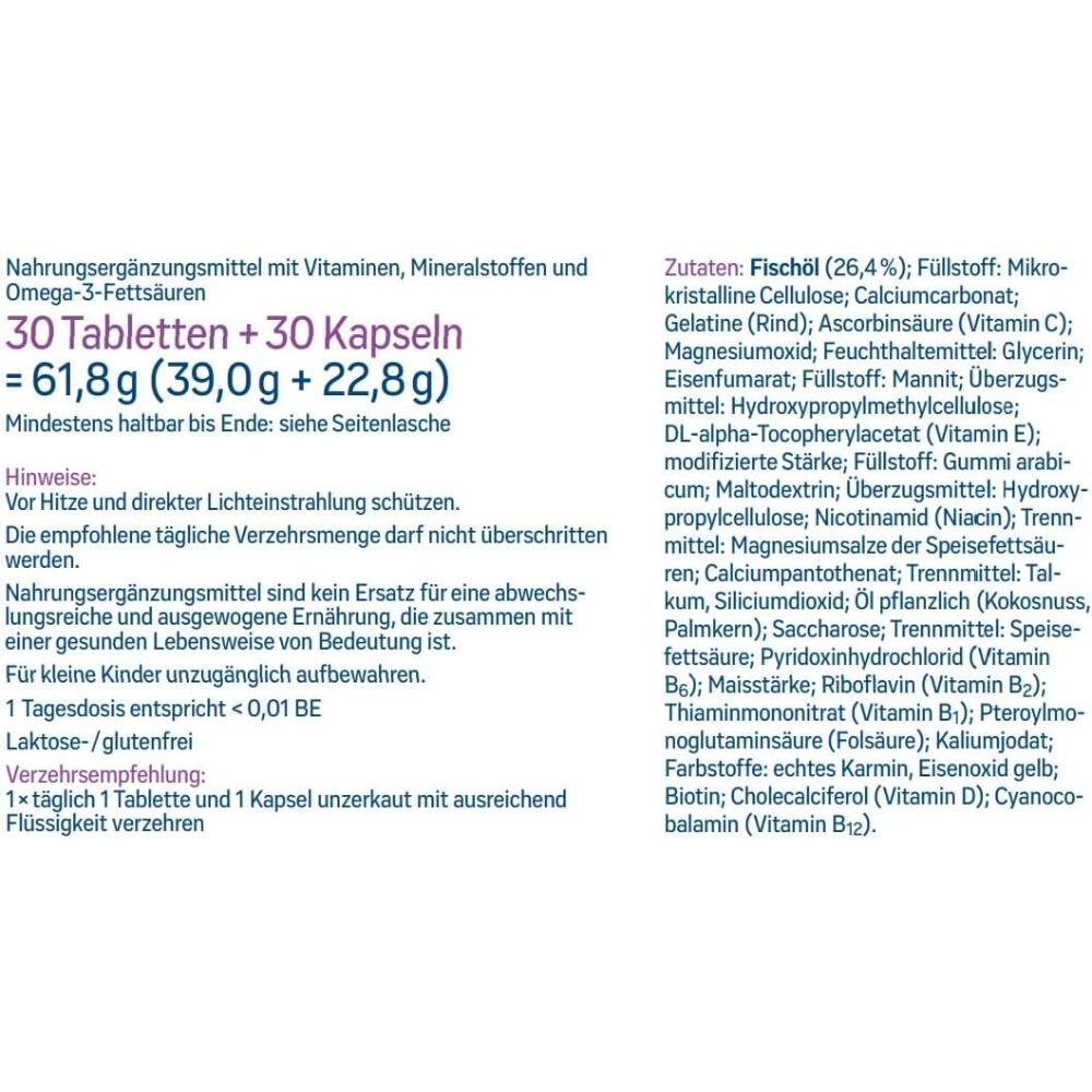 Voedingssupplement met vitaminen, mineralen en omega-3 vetzuren. 30 tabletten + 30 capsules.
