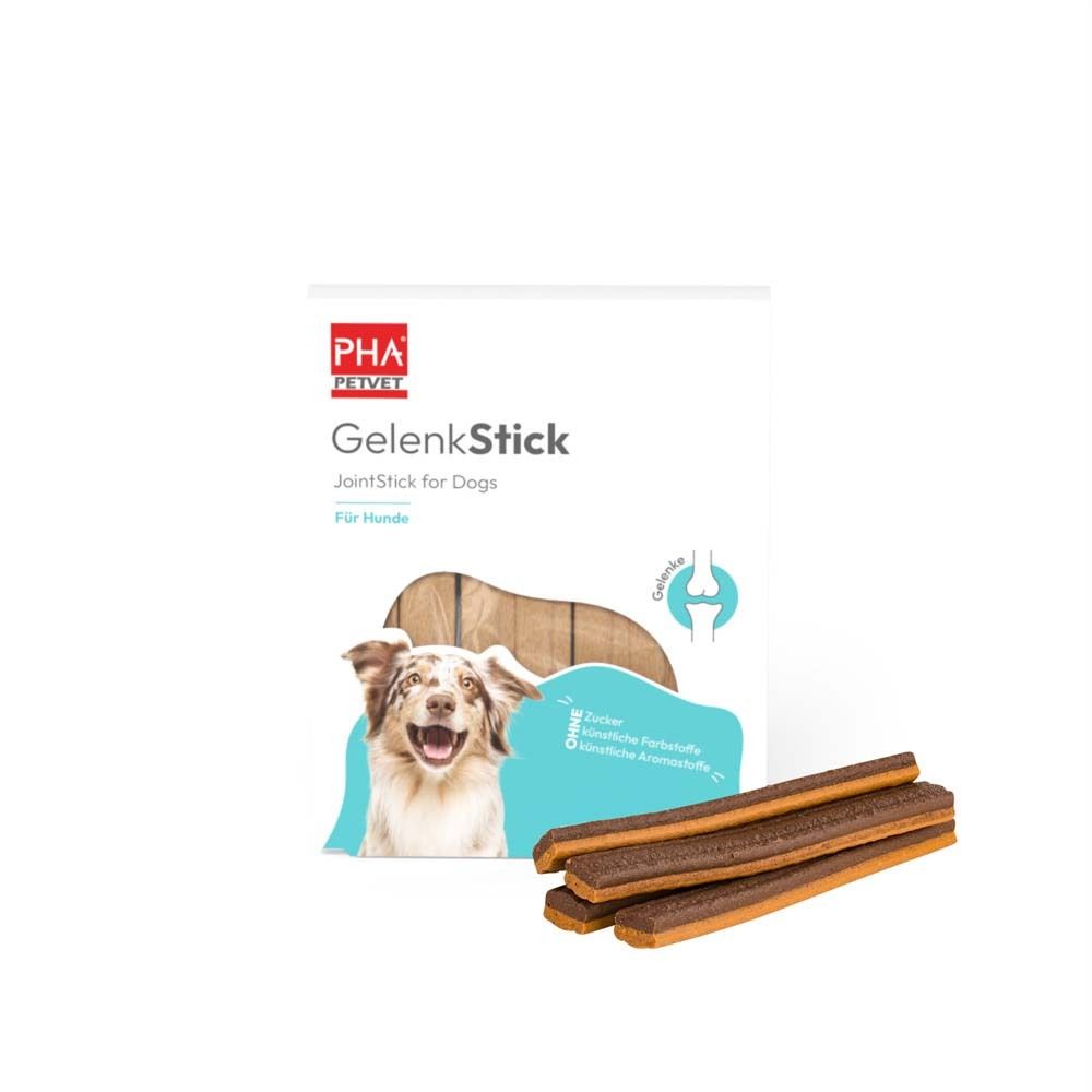 Emballage de PHA GelenkStick pour chiens. Contient des bâtonnets. Inscription : GelenkStick, JointStick for Dogs.