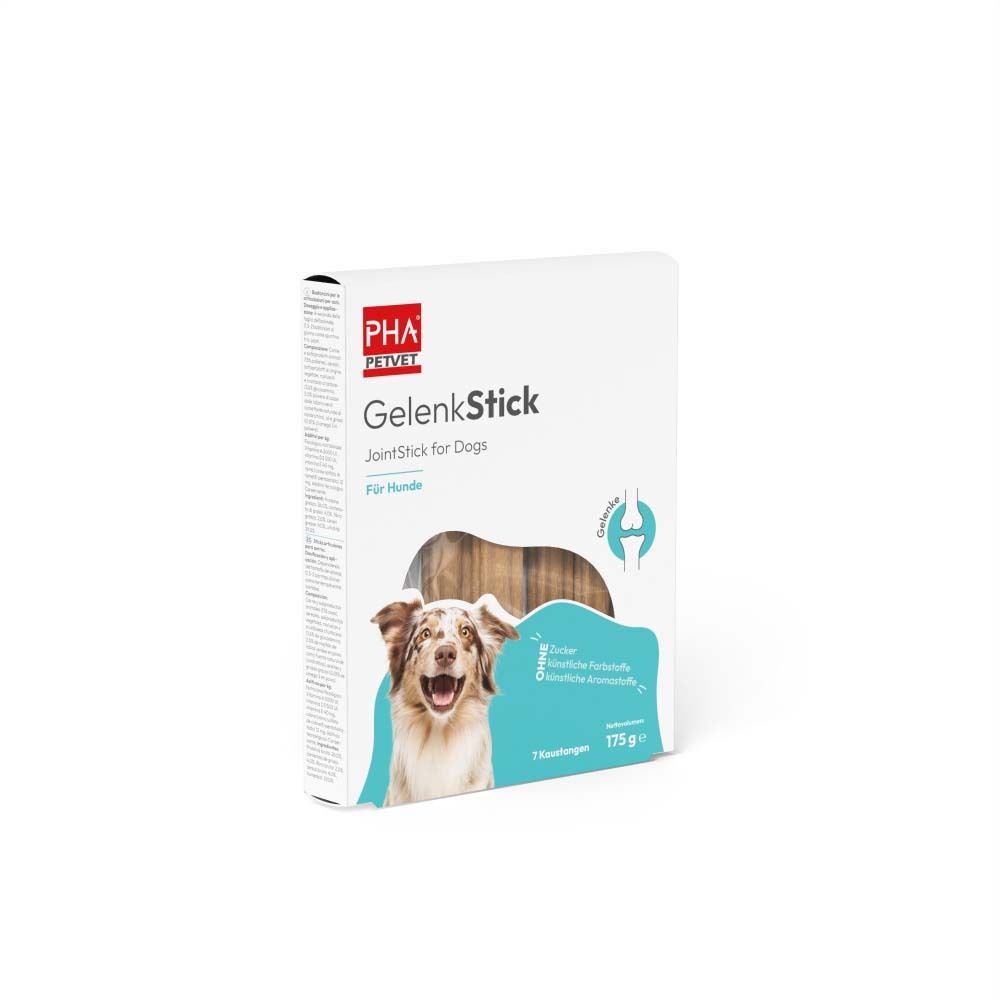 Emballage de PHA GelenkStick pour chiens. Inscription : GelenkStick, JointStick for Dogs. 175g, 7 bâtonnets.
