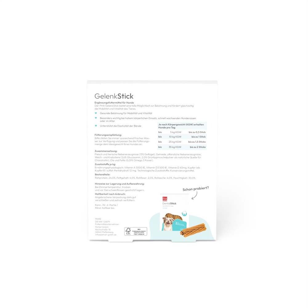 Dos de l'emballage de PHA GelenkStick pour chiens. Texte et illustration du produit.