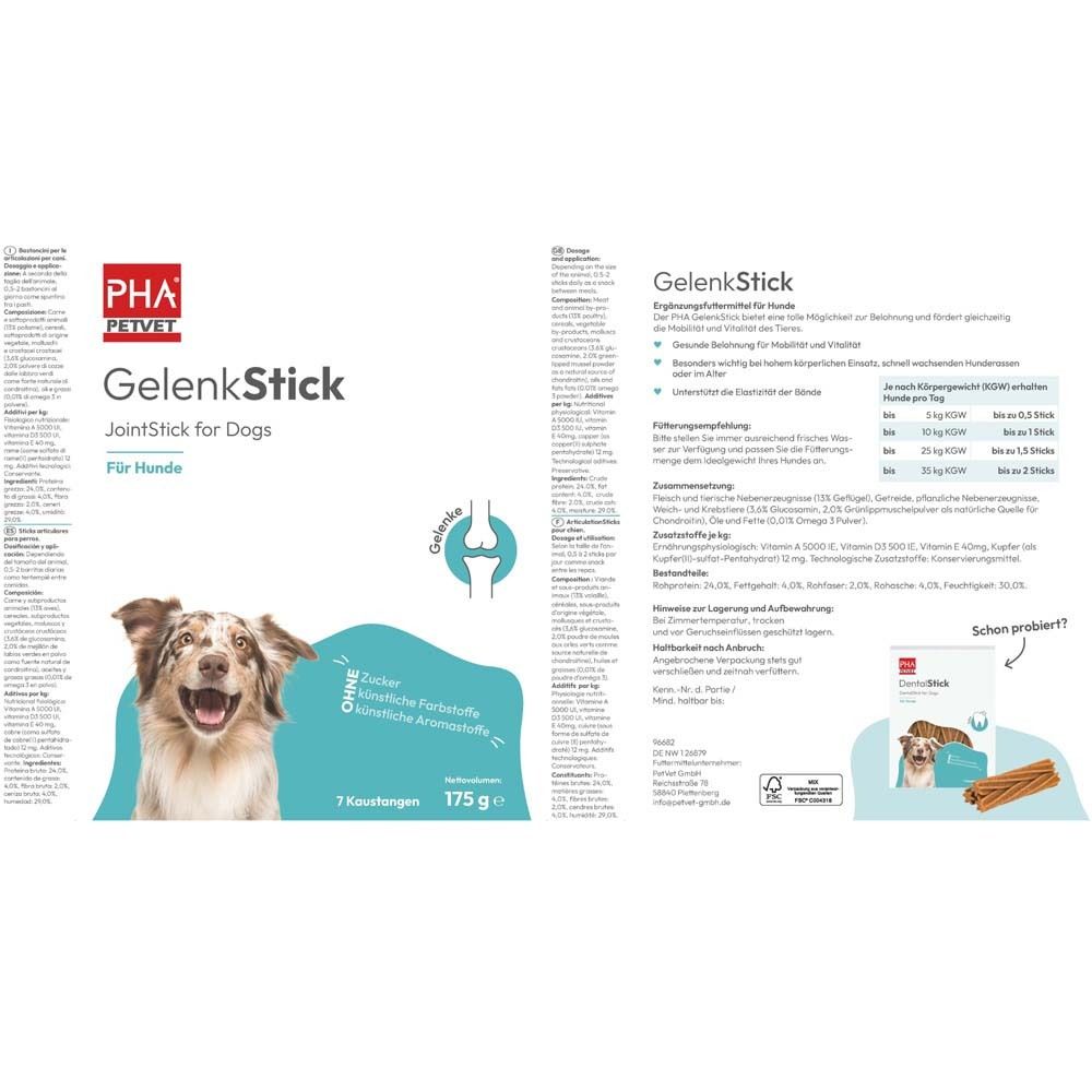 Emballage ouvert de PHA GelenkStick pour chiens. Texte et illustration du produit.