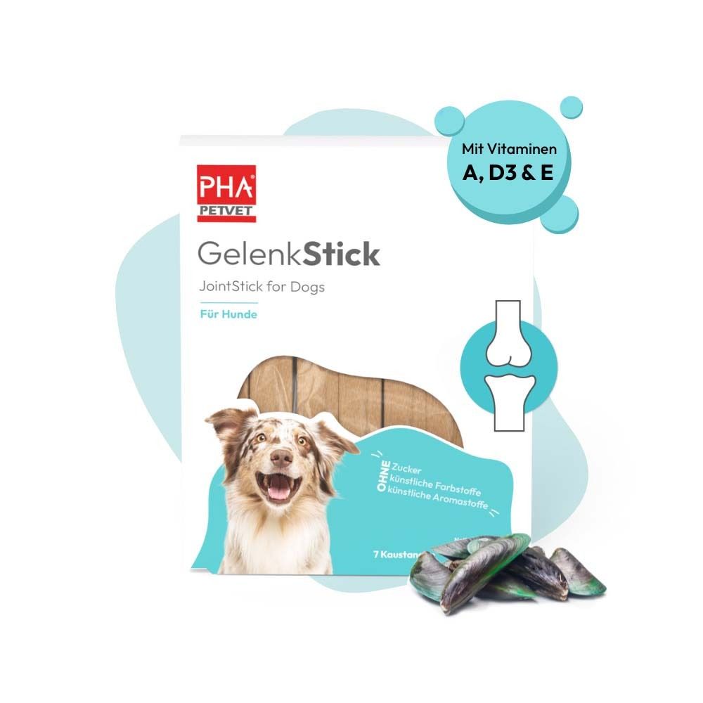Emballage de PHA GelenkStick pour chiens. Contient des bâtonnets. Inscription : GelenkStick, JointStick for Dogs. Avec vitamines.