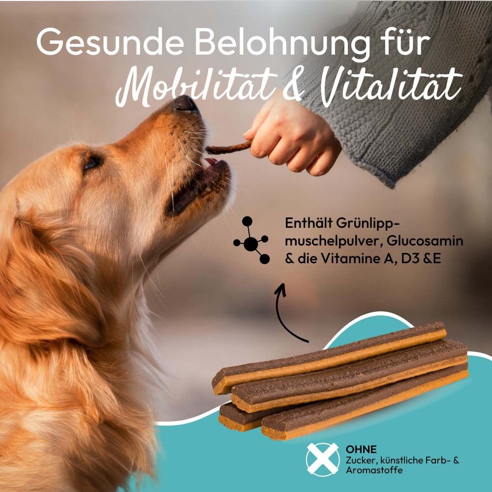 Chien mange un bâtonnet. Texte : Récompense saine pour la mobilité et la vitalité. Contient de la poudre de moules aux orles verts, glucosamine.