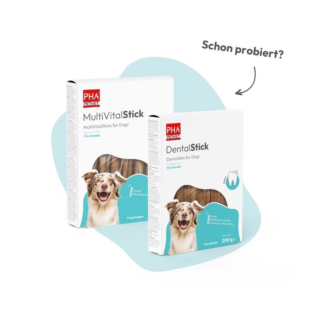 Deux emballages. PHA MultiVitalStick et DentalStick. Inscription : GelenkStick, JointStick for Dogs.