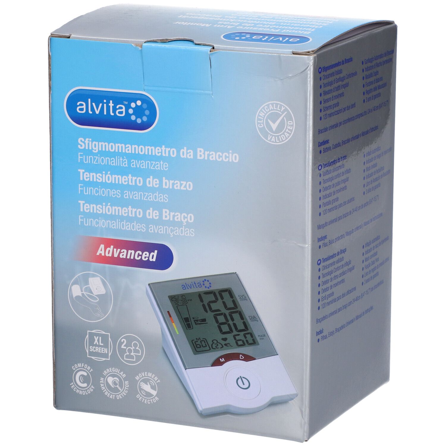 Alvita bloeddrukmeter voor de bovenarm in verpakking. Groot scherm, XL. Klinisch gevalideerd. Inclusief manchet, batterijen, opbergtas.