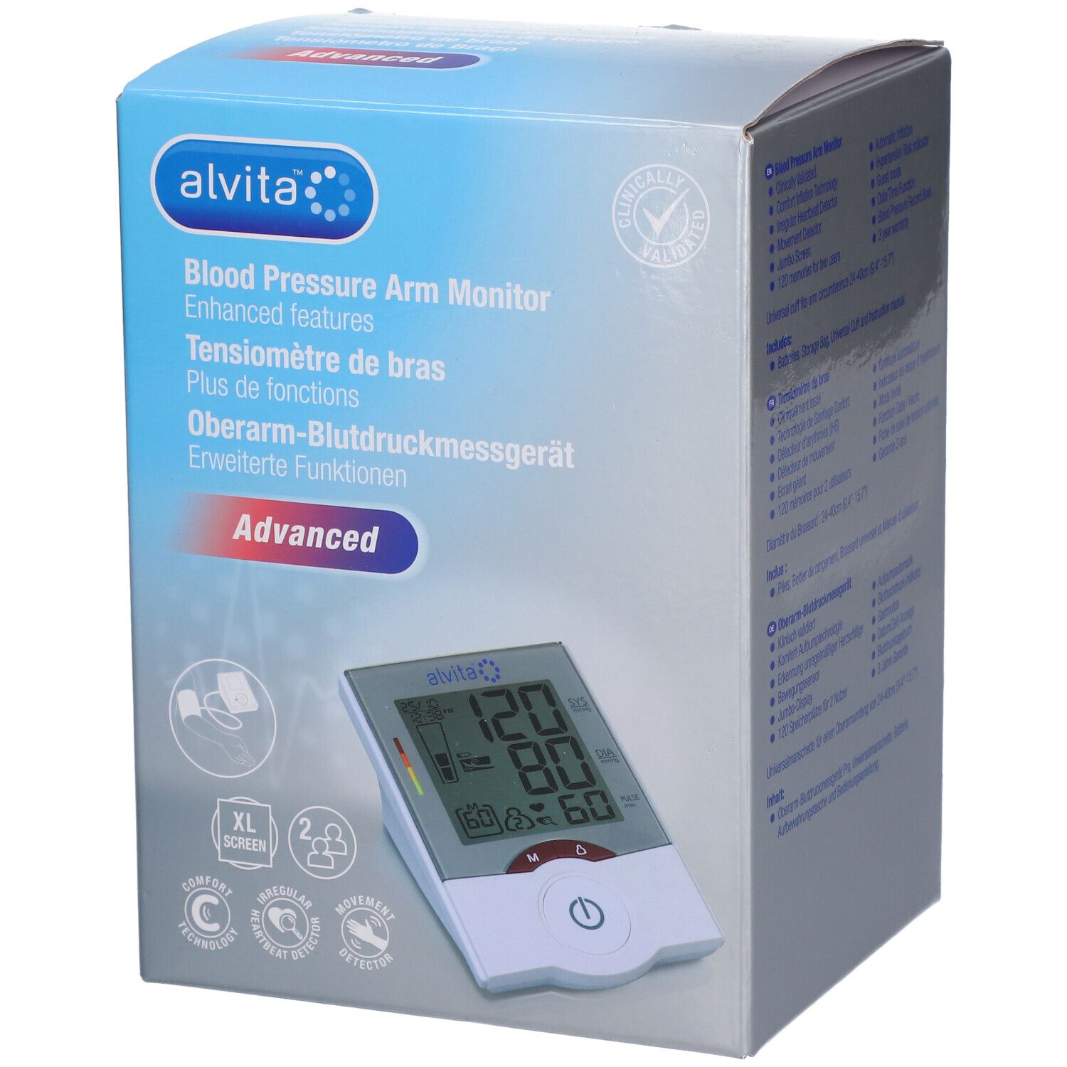 Alvita bloeddrukmeter verpakking. Productnaam en verbeterde functies. Groot scherm. Klinisch gevalideerd.